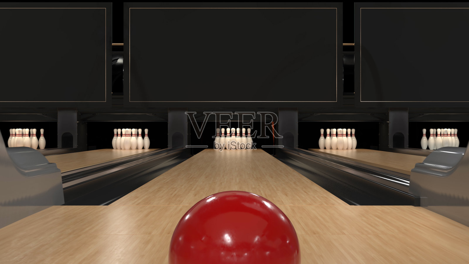 红色的保龄球放在带瓶的木制轨道上照片摄影图片