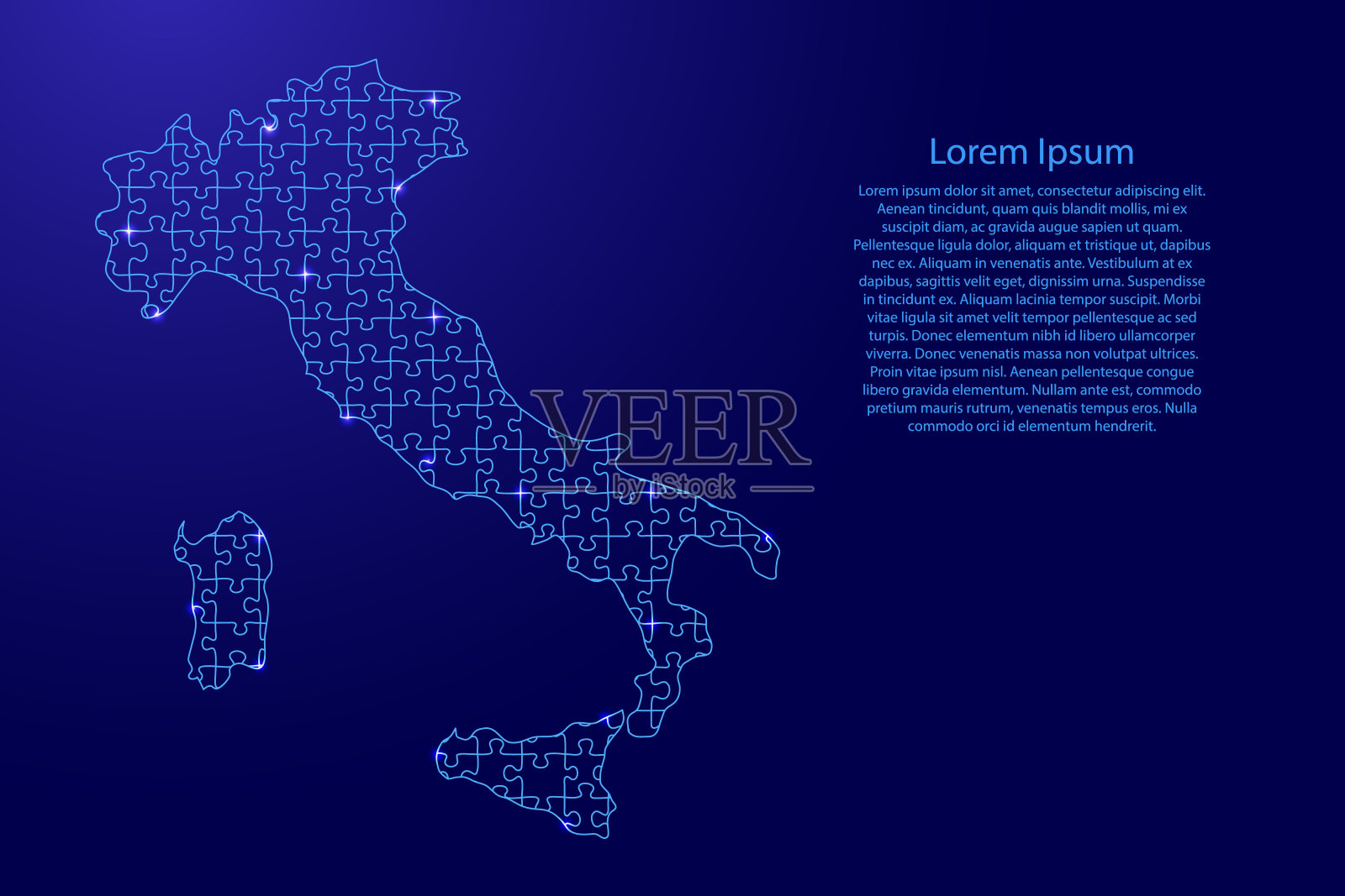 意大利地图从蓝色的模式组成的谜题和发光的太空恒星。矢量插图。插画图片素材