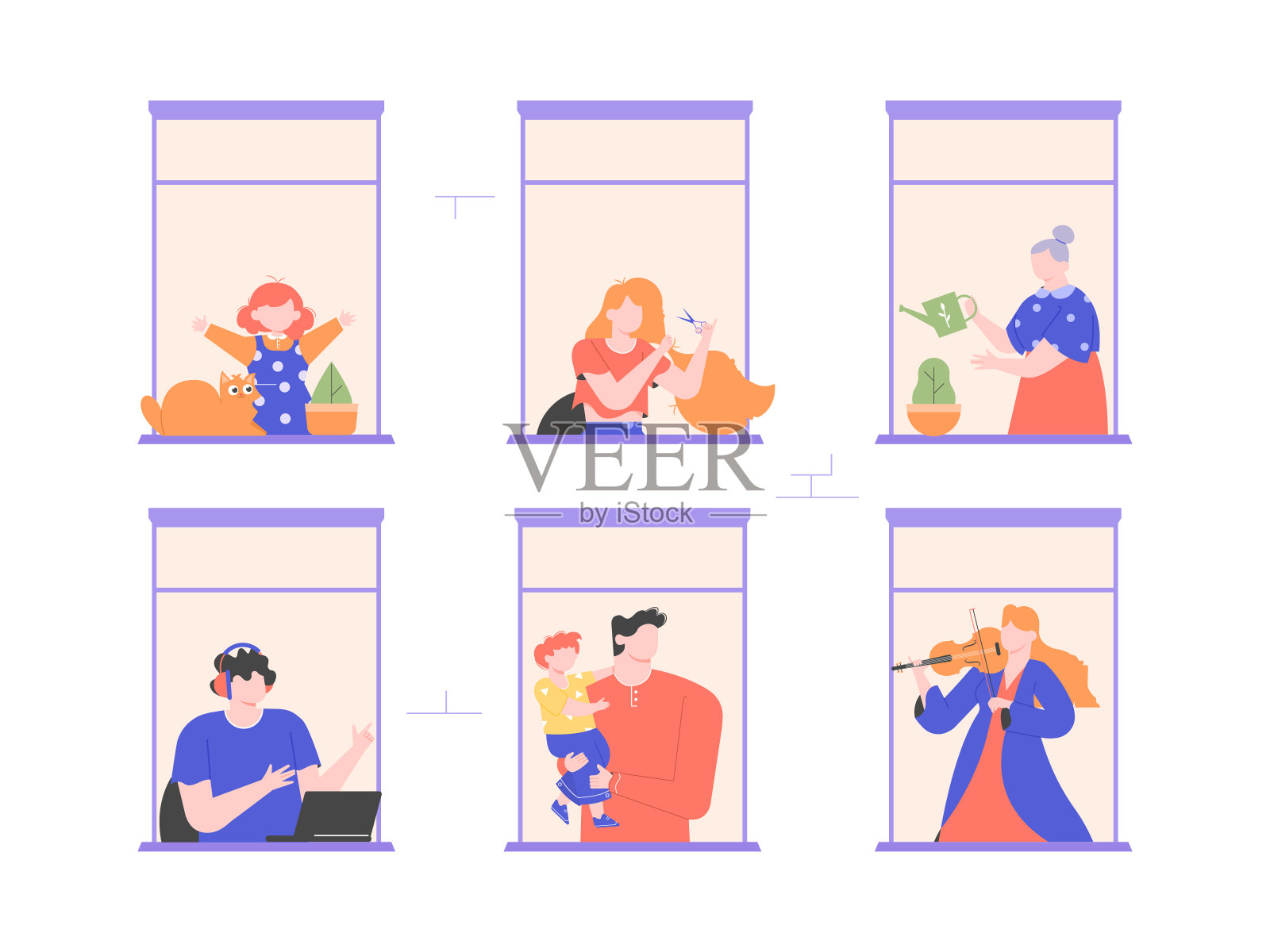 人们在开放的窗户空间的房屋建筑。人们在家里隔离。邻居们工作,与孩子们坐在一起,浇花,给他们剪头发,拉小提琴。矢量平面插图。插画图片素材
