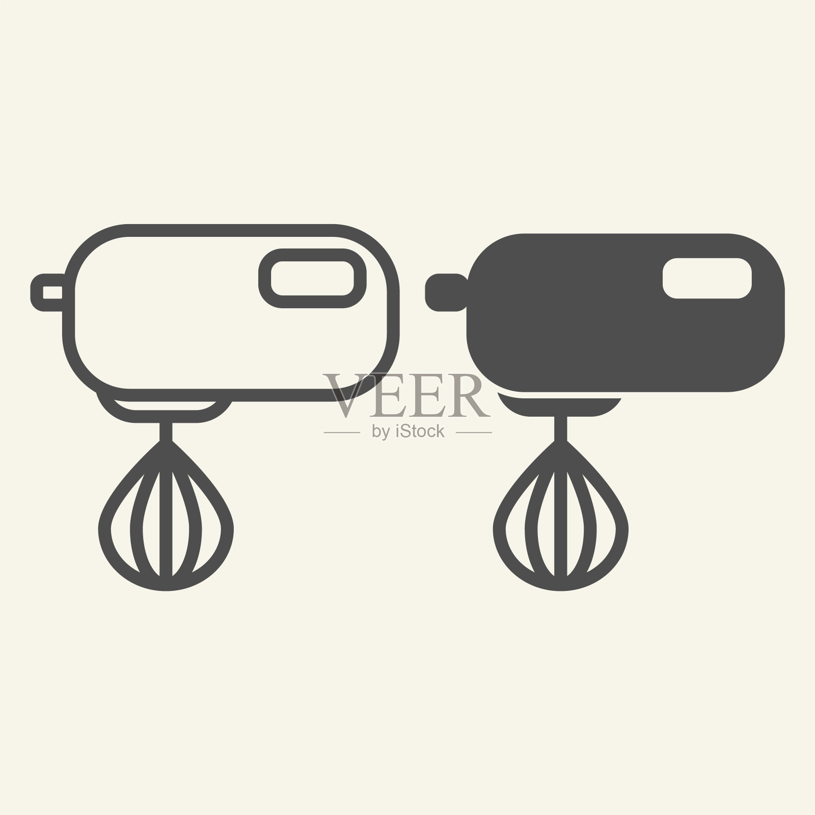 厨房搅拌机生产线和固体图标。电动手搅拌机符号,轮廓风格象形文字上的米色背景。厨房设备标识的移动概念和网页设计。矢量图形。插画图片素材