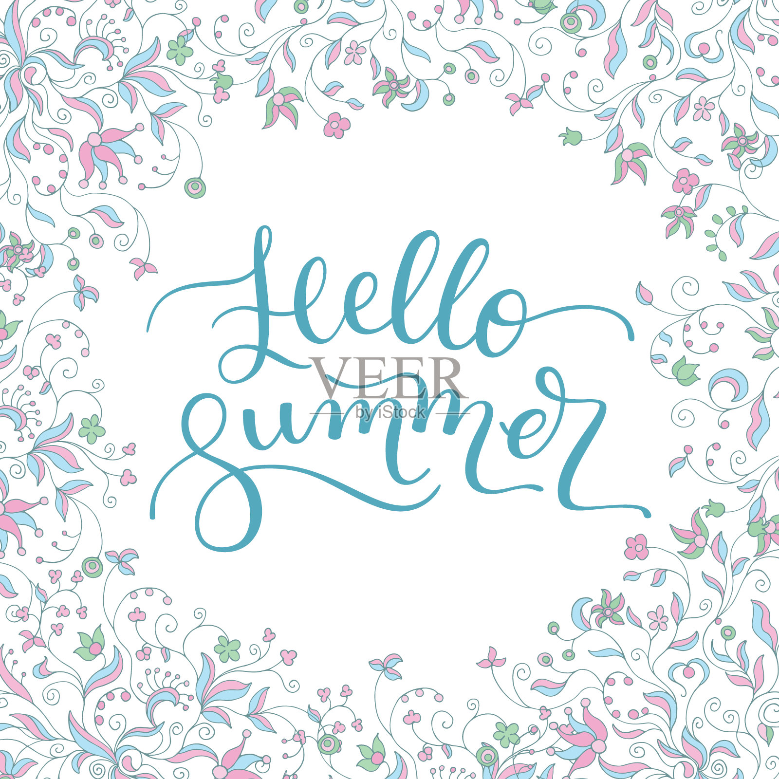 花框架和手写你好夏天。插画图片素材