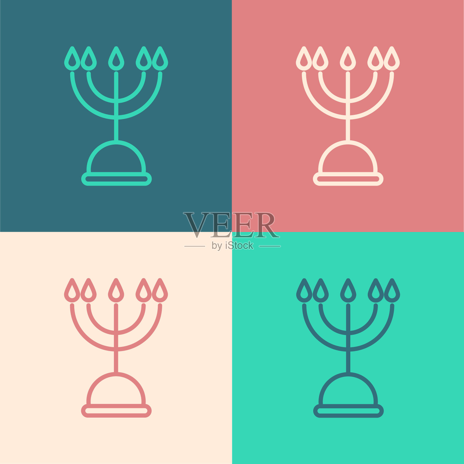 流行艺术线光明节烛台图标孤立的颜色背景。光明节的传统符号。节日宗教,犹太的光节。矢量图插画图片素材