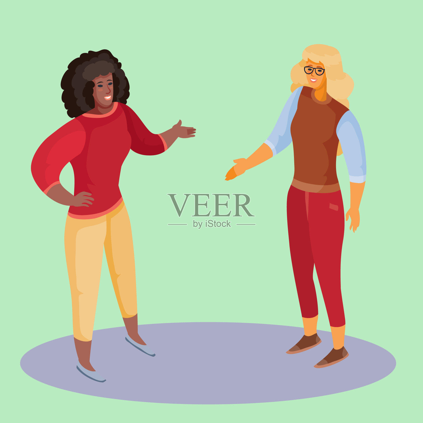 一个红裤子金发的女人伸出手来问候一个非裔美国女人,一个金发裤子深色头发的女人伸出手来回应,绿色的背景,分开的图层,矢量图插画图片素材