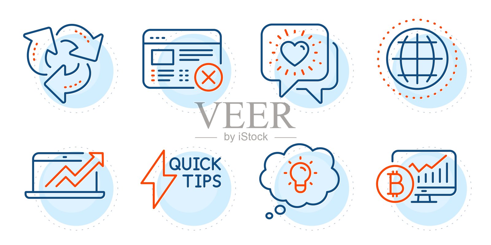 比特币图表,快速入门指南和朋友聊天图标集。全球,能源和回收标志。向量插画图片素材