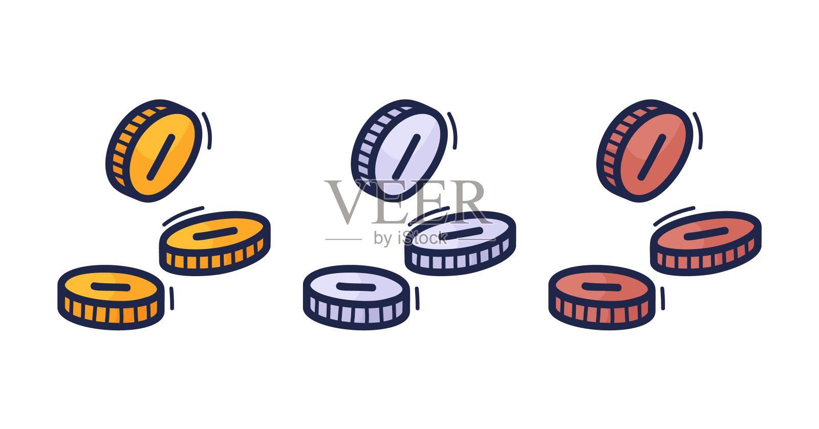 硬币矢量插图的一个金,银和青铜的旧硬币。手绘盗版旧钱币。插画图片素材