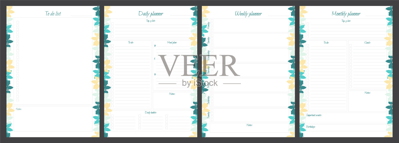 一套规划与花卉设计。每月,每周,每天的计划和任务清单。插画图片素材