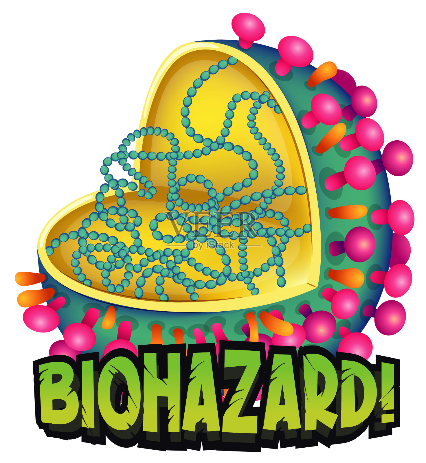 病毒细胞和文字设计的生物危害插画图片素材