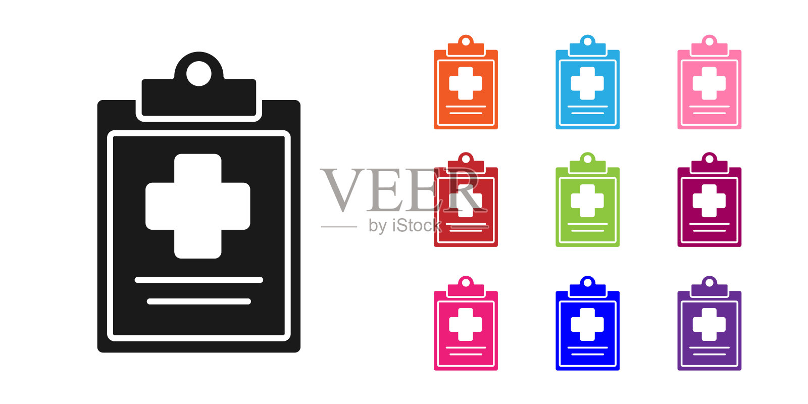 黑色医疗剪贴板,白色背景上孤立有临床记录图标。医疗保险形式。处方,体检记录报告设置图标丰富多彩。矢量图插画图片素材