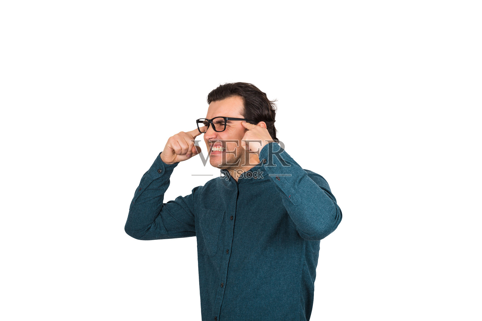 头痛欲裂的商人指向头部的侧视图照片摄影图片