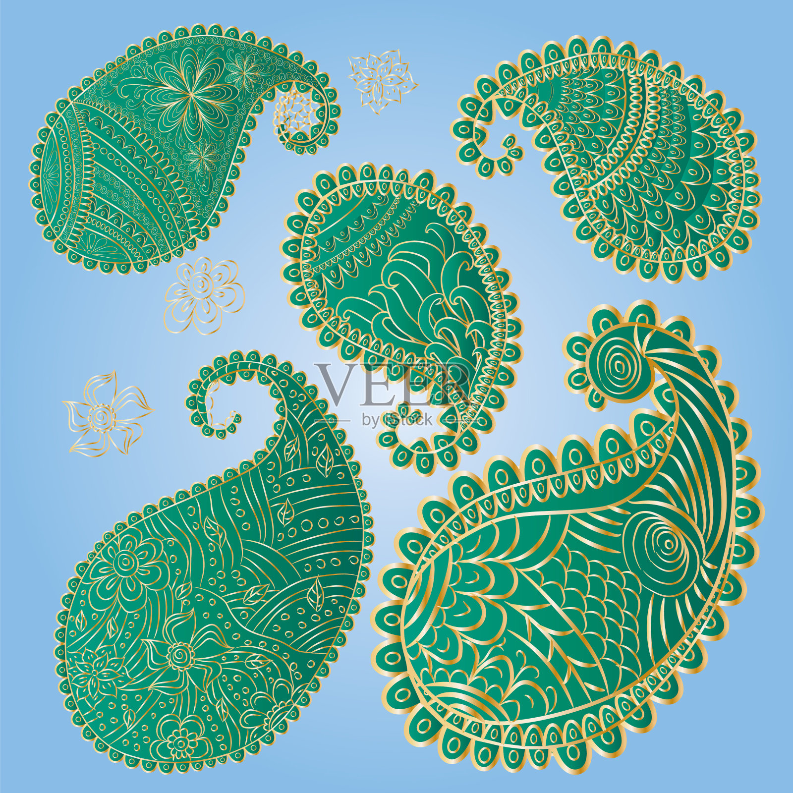 五种独特的涡纹色元素在时尚的绿色和插画图片素材