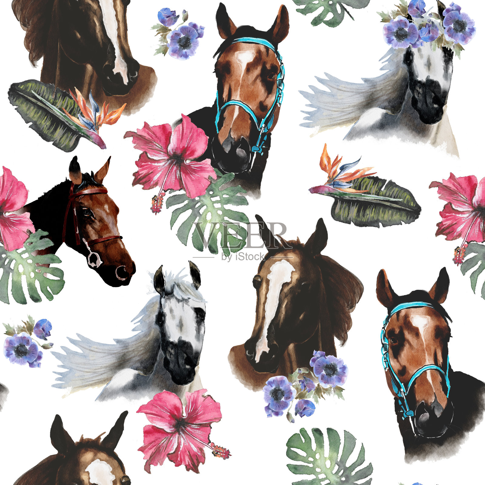 数字水彩画。可爱的卡通。无缝模式。马的头。奇异的花。插画图片素材