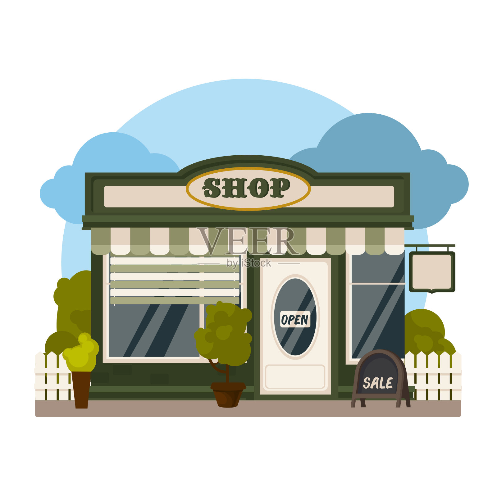 卡通色彩商店或市场商店建筑概念。向量设计元素图片