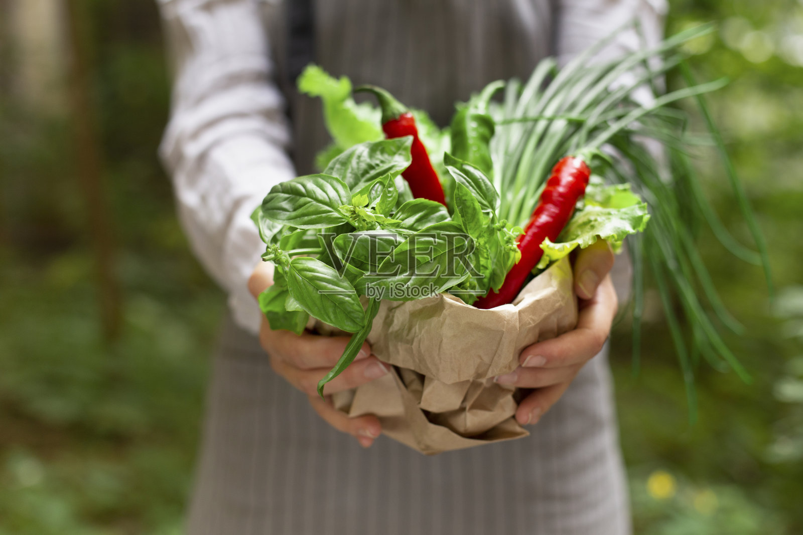 男人拿着购物袋和绿色杂货店照片摄影图片