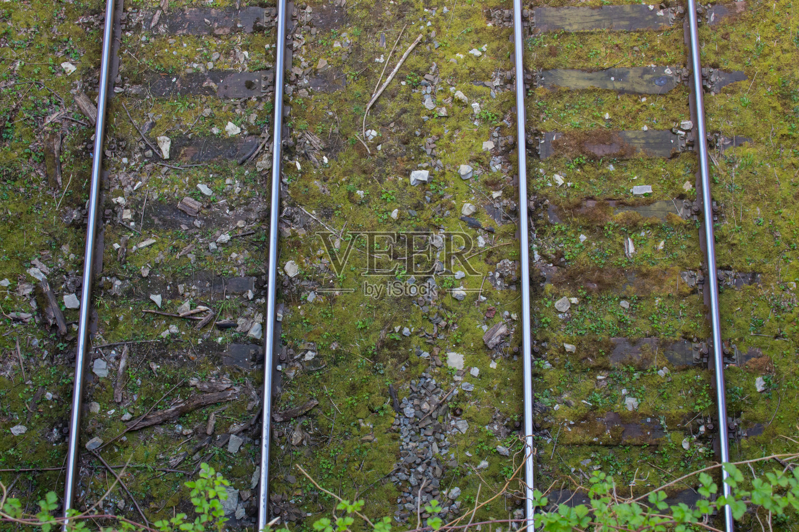 鸟瞰图两条平行铁路与旧木轨枕和苔藓,鸟瞰图照片摄影图片