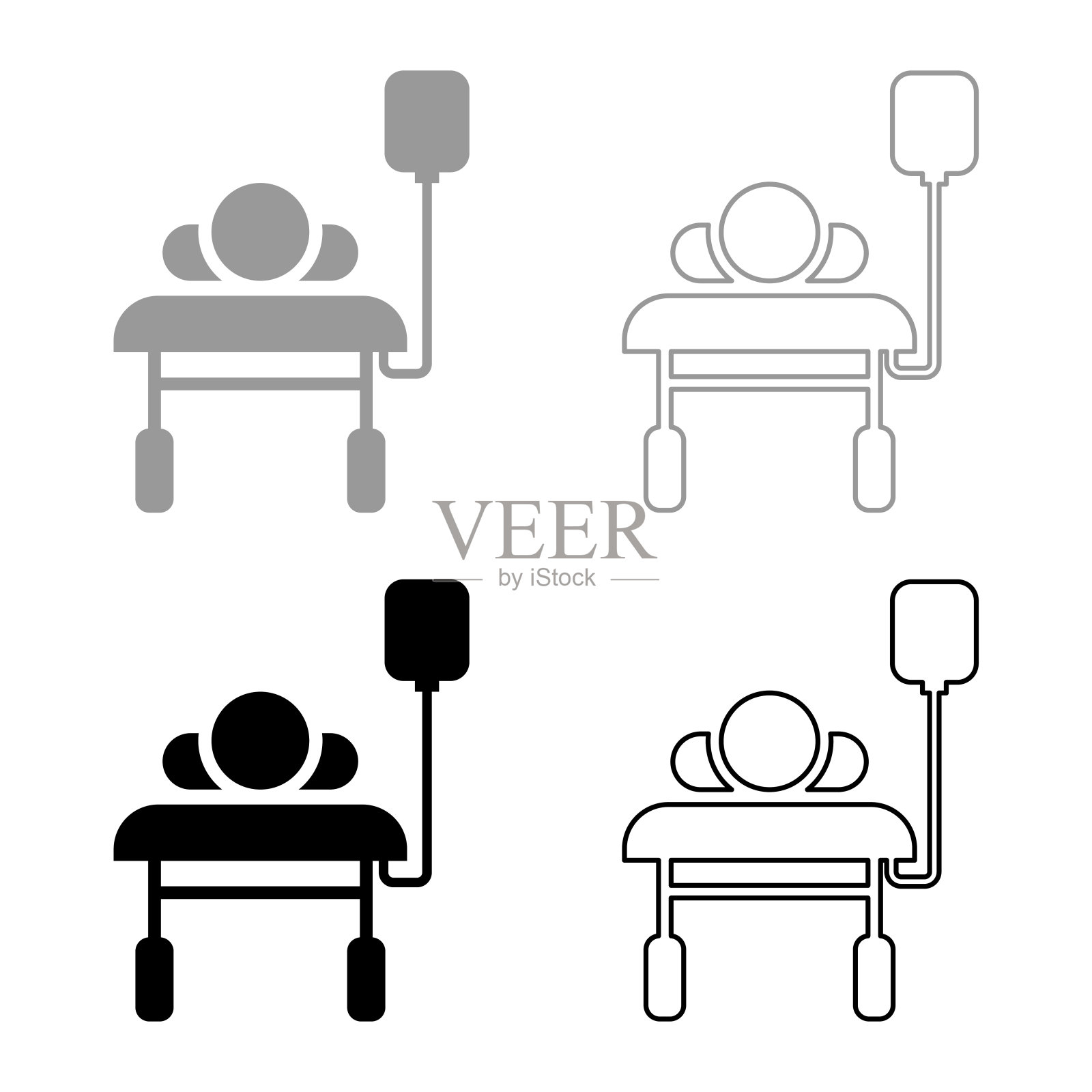 病人躺在医疗床上的沙发与滴药器男子与滴药瓶紧急治疗概念注射复苏重症监护图标轮廓设置黑色灰色矢量插图平面风格的形象图标素材