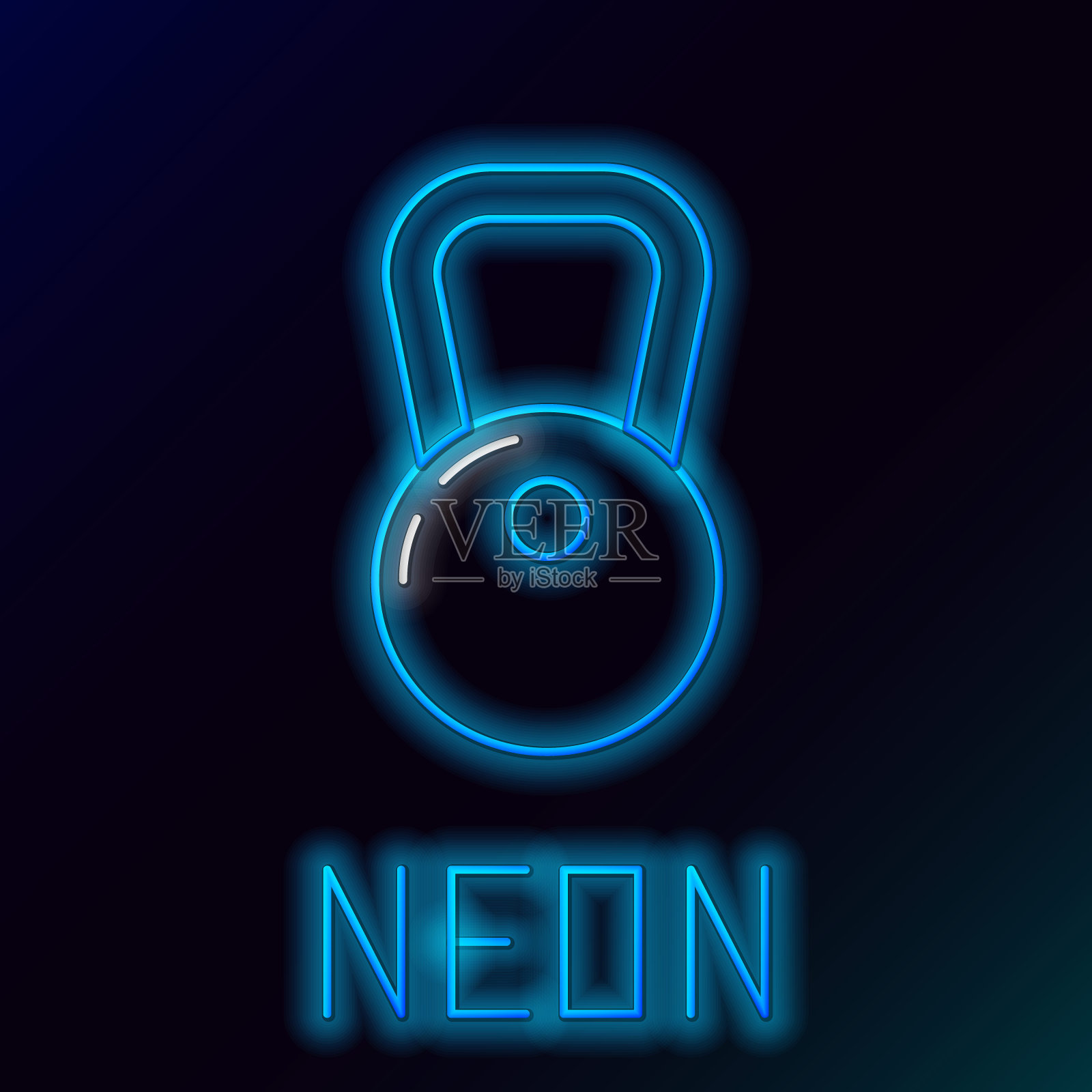 蓝色发光的霓虹灯线壶铃图标孤立在黑色的背景。色彩斑斓的轮廓的概念。矢量图插画图片素材