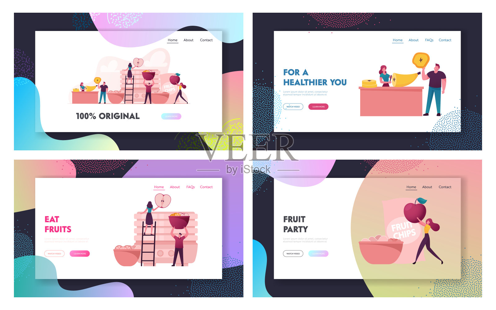 健康织女星和素食营养登陆页面模板集。用香蕉,苹果,橘子自制脱水水果片。卡通矢量人物插图插画图片素材