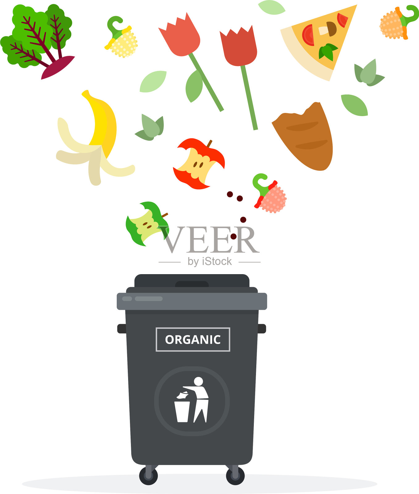 黑色垃圾桶为有机废物平隔离插画图片素材