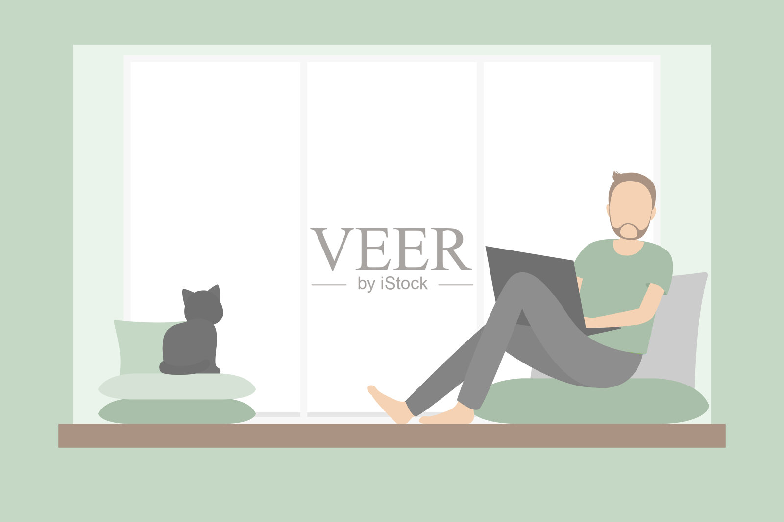 一个自由职业者坐在窗台上用笔记本电脑工作。矢量图插画图片素材