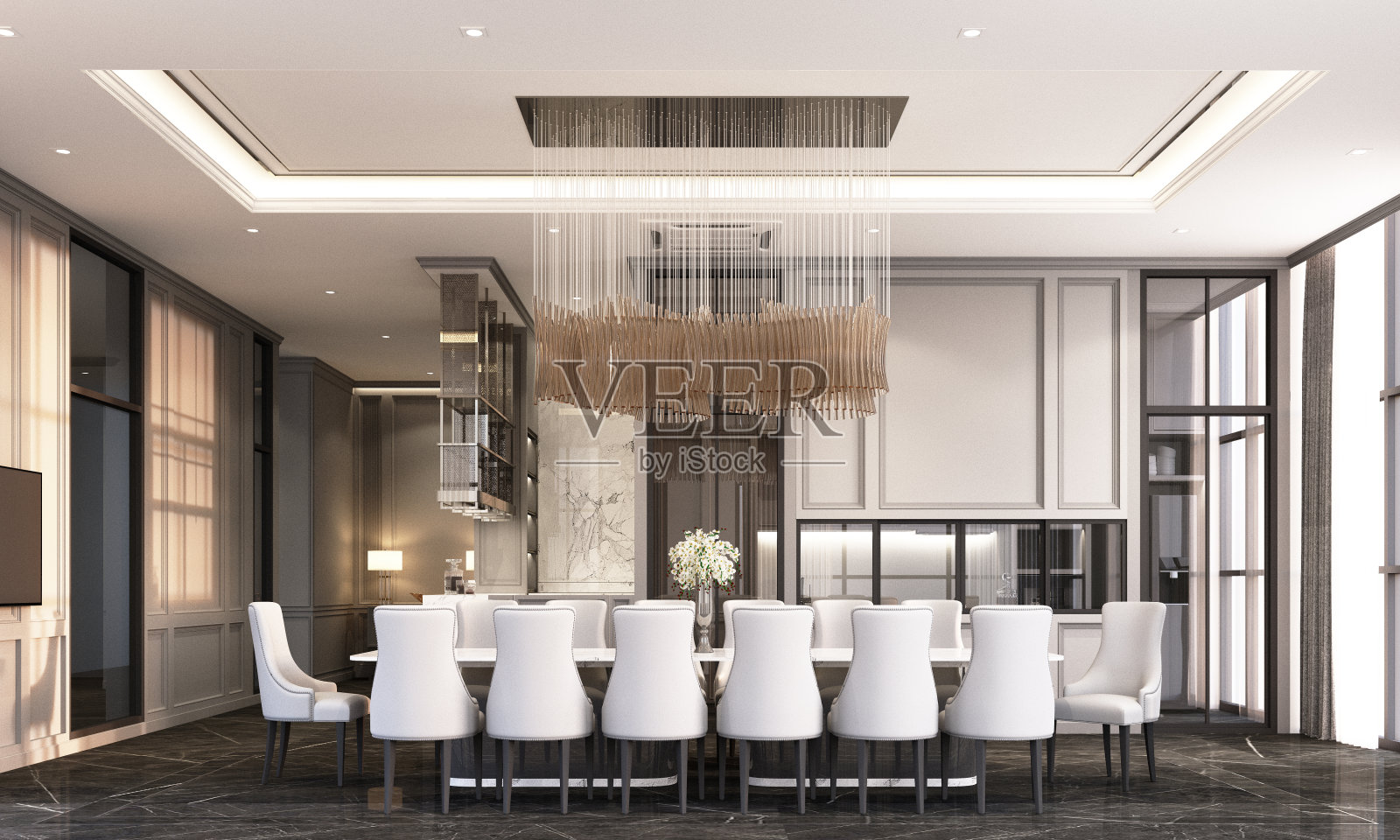 餐厅采用现代古典风格,黑色大理石地板上配有餐椅和餐桌,经典元素装饰墙面和天花板3d渲染照片摄影图片