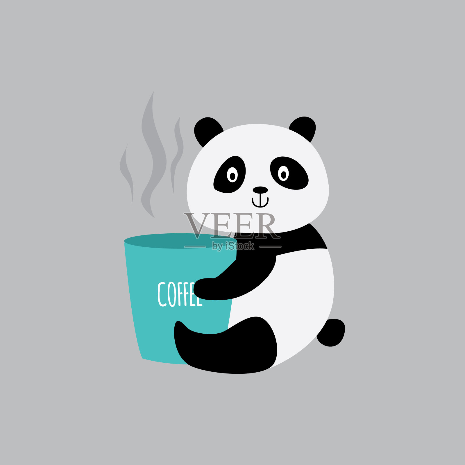 可爱的卡通熊猫抱着咖啡杯-小熊贴纸插画图片素材