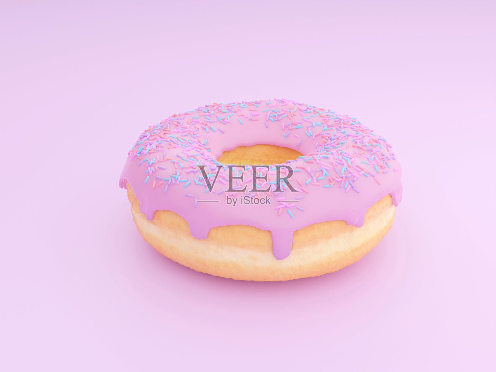 粉红色的糖霜甜甜圈,点缀着五颜六色的糖霜。照片摄影图片