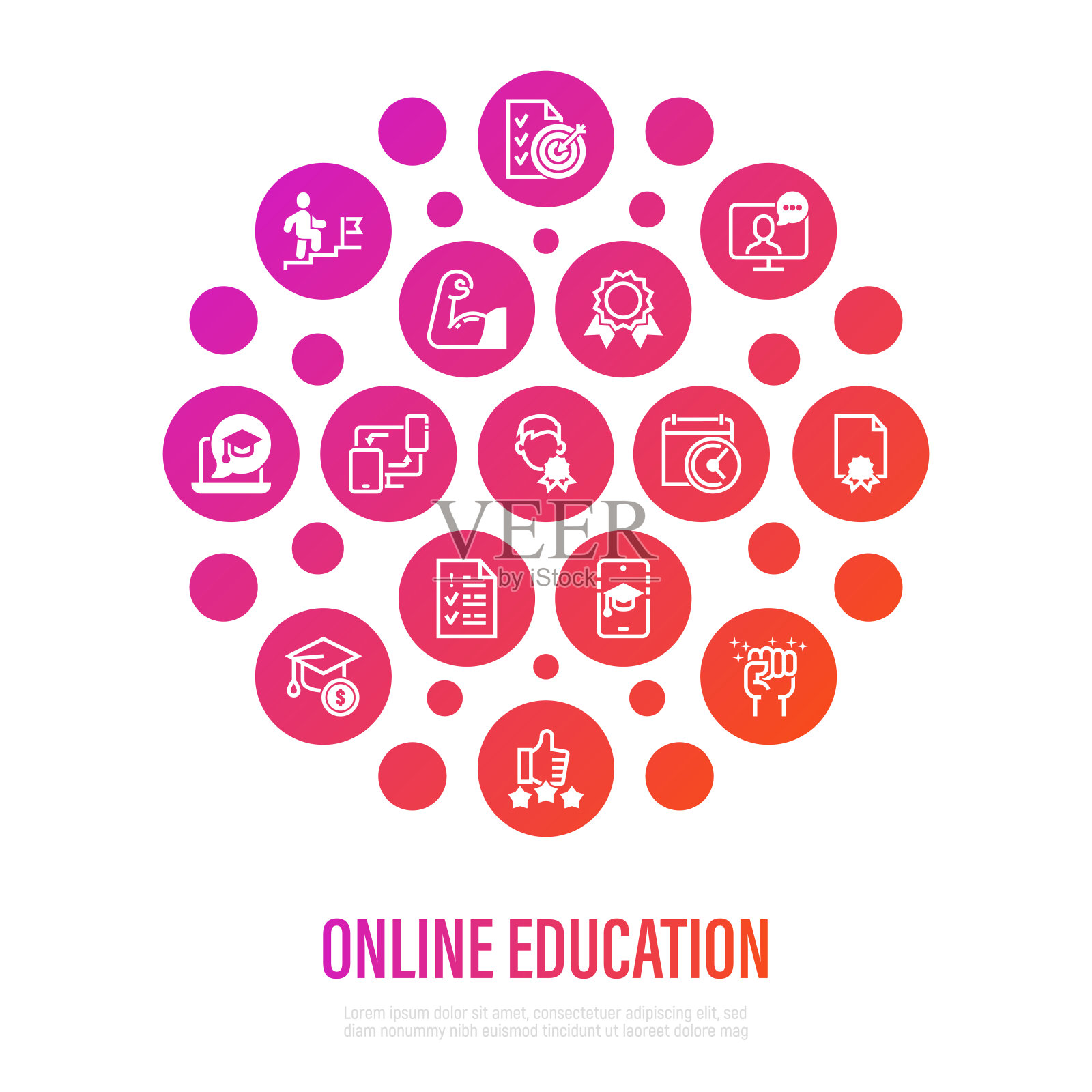 在线教育的图标是圆形的细线。移动应用程序学习,定义水平,培训时间表,动机,网络研讨会,测试,价格,证书。矢量插图。插画图片素材