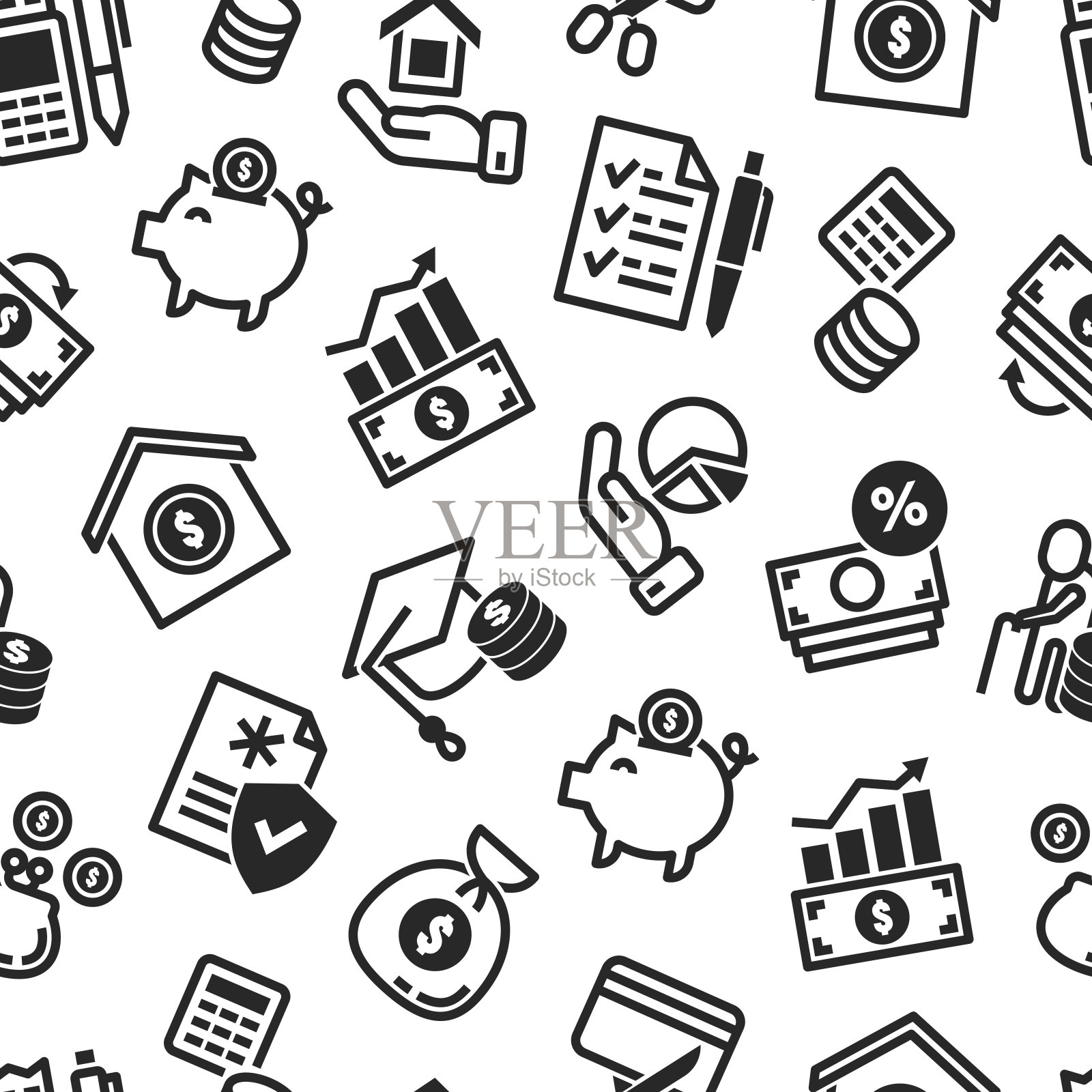 财务成功无缝模式:跟踪费用,预算,应急基金,信用卡,住房所有权,投资,退休,财务卫生,健康保险。细线图标。矢量插图。插画图片素材