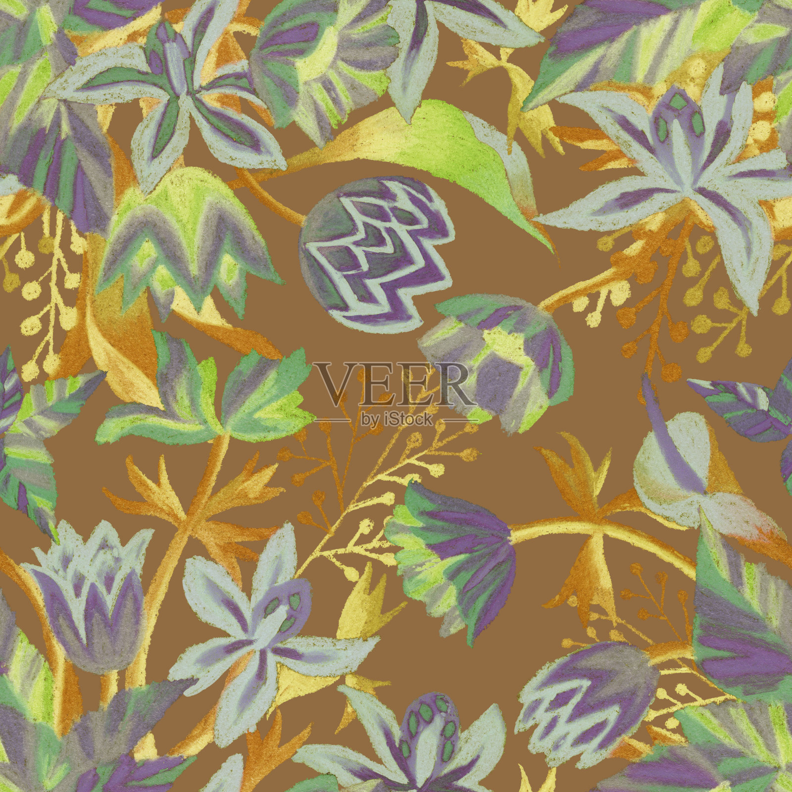 幻想印花。抽象的花朵盛开。手绘奇异的装饰植物,花蕾和叶子。植物无缝模式插画图片素材