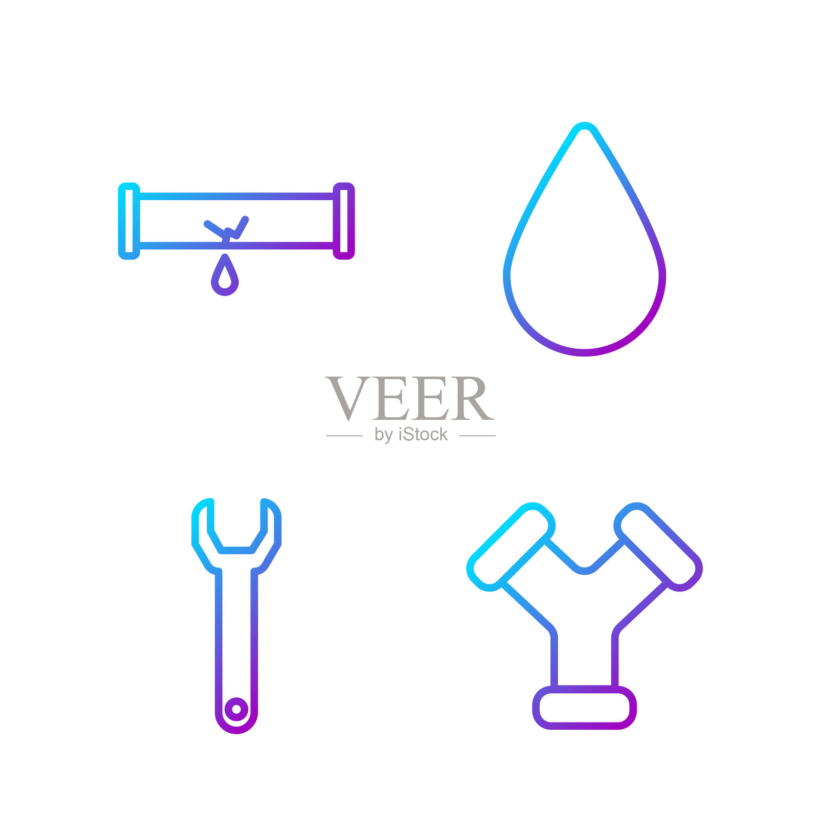 工业金属管、扳手、断管漏水、滴漏。渐变颜色图标。向量图标素材