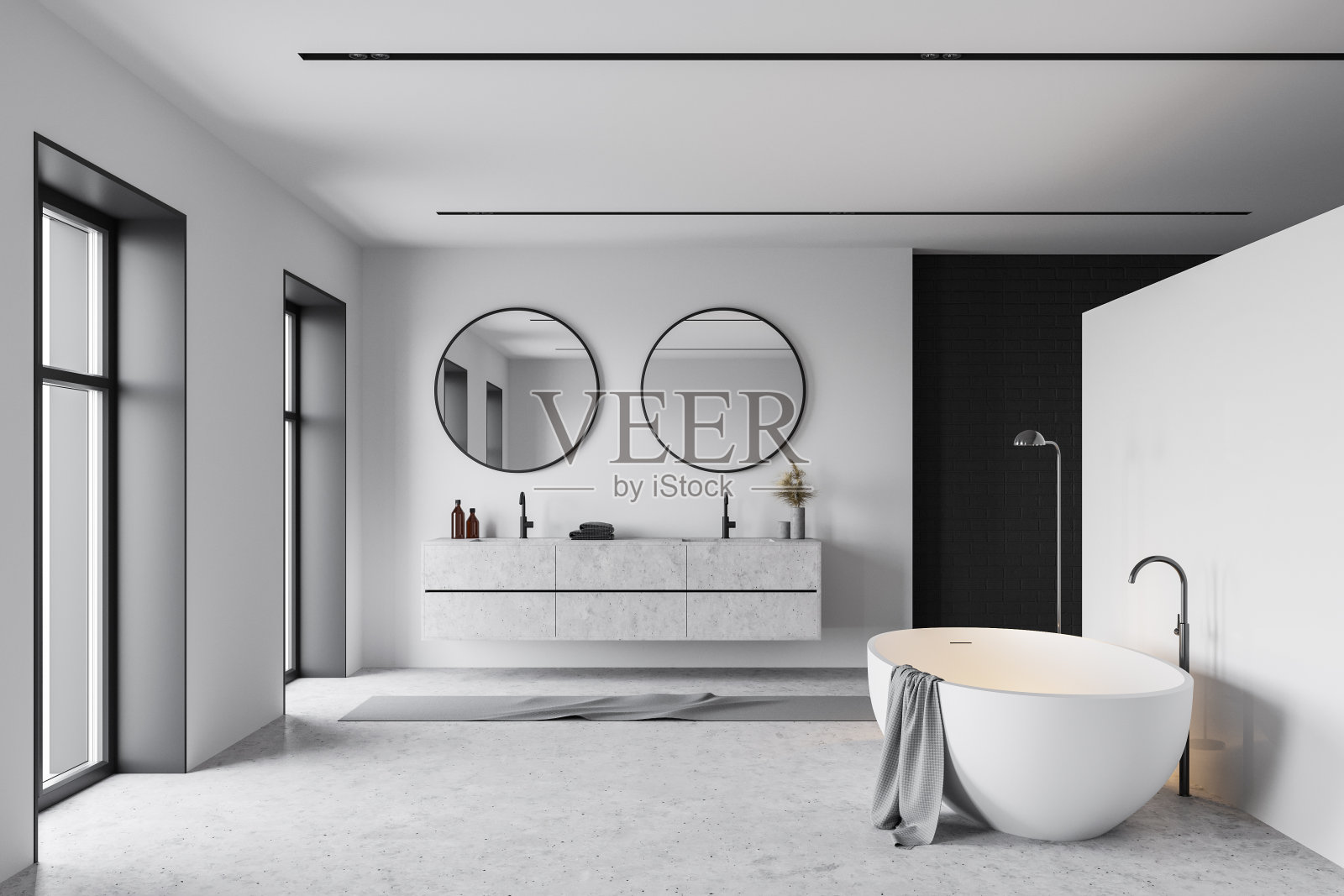 浴缸和水槽在白色和黑色浴室照片摄影图片