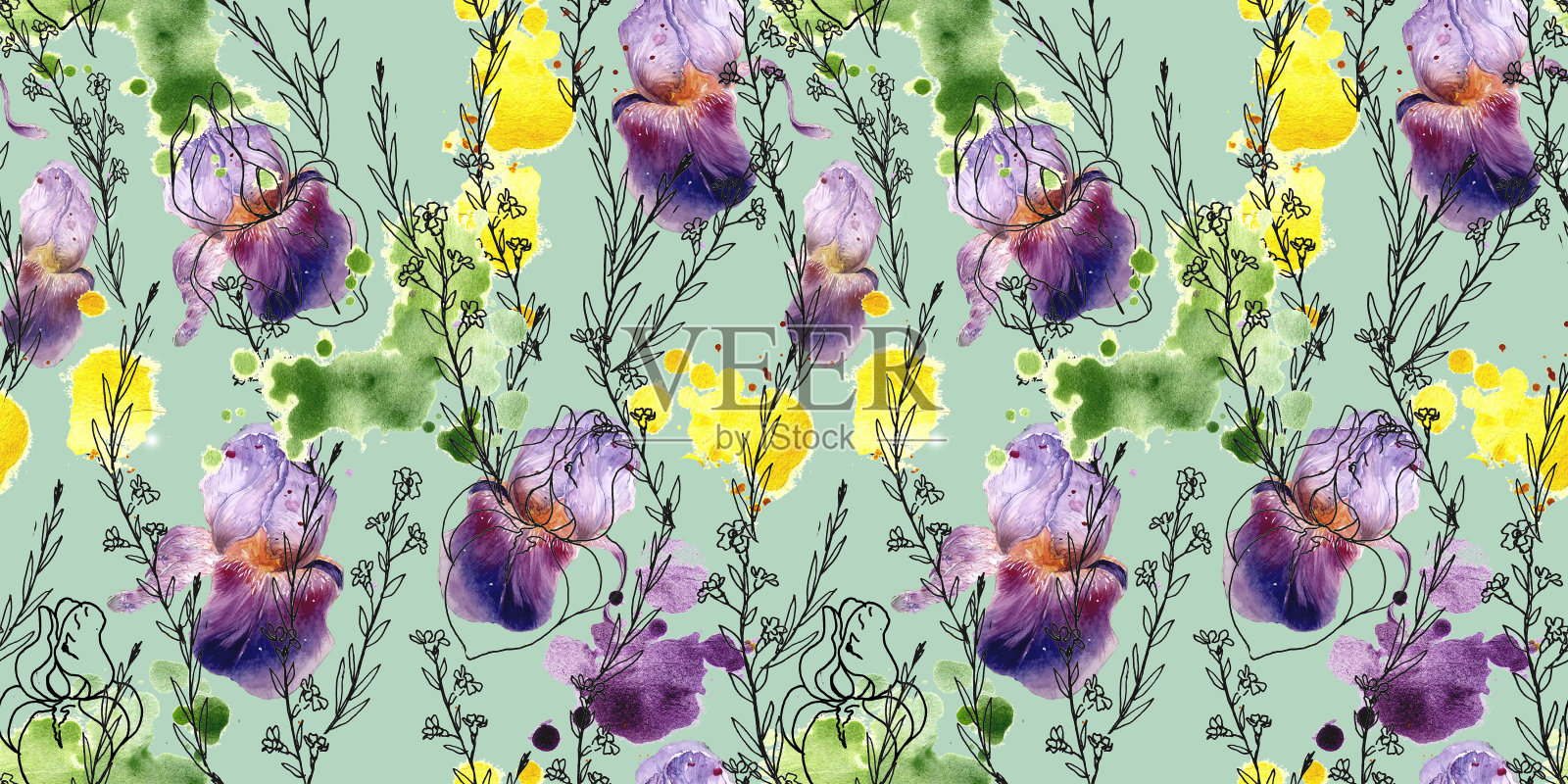 水彩无缝植物图案鸢尾。插画图片素材