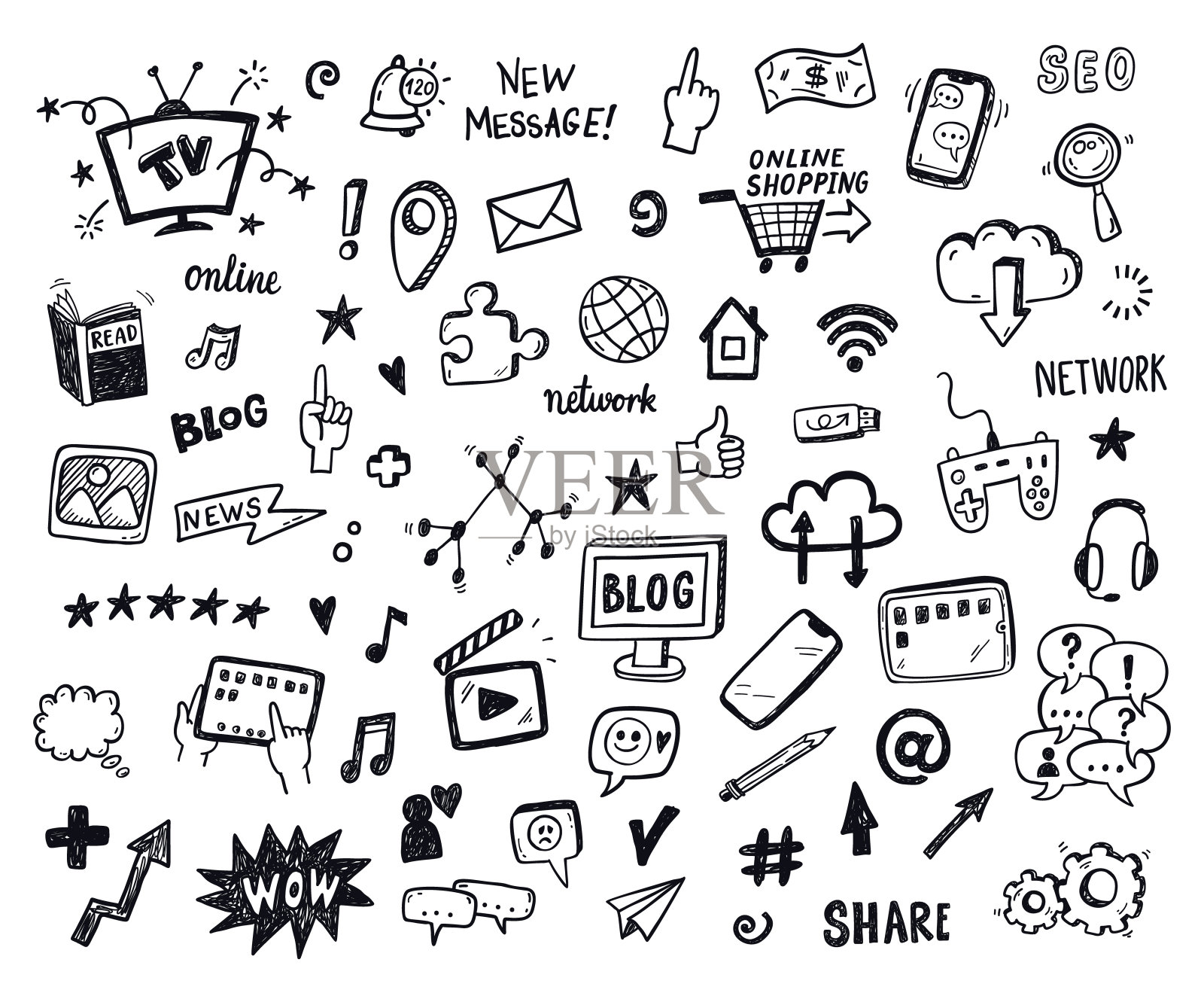 社交媒体,数字营销,互联网网络图标集。矢量手绘孤立对象。涂鸦和素描风格。图标素材