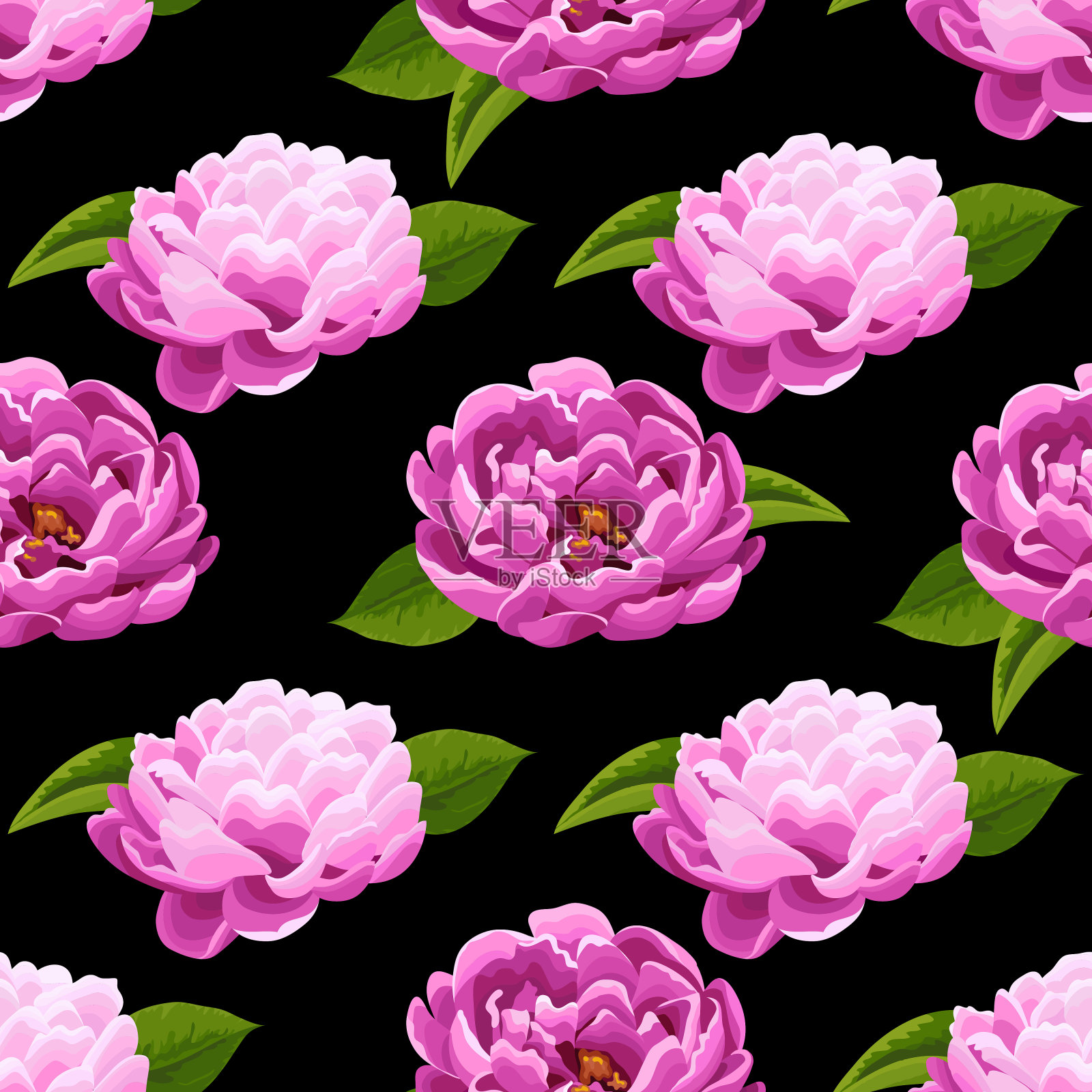 绿色背景上的粉色牡丹。抽象花卉无缝图案。花,芽,叶在现实主义风格。插画图片素材