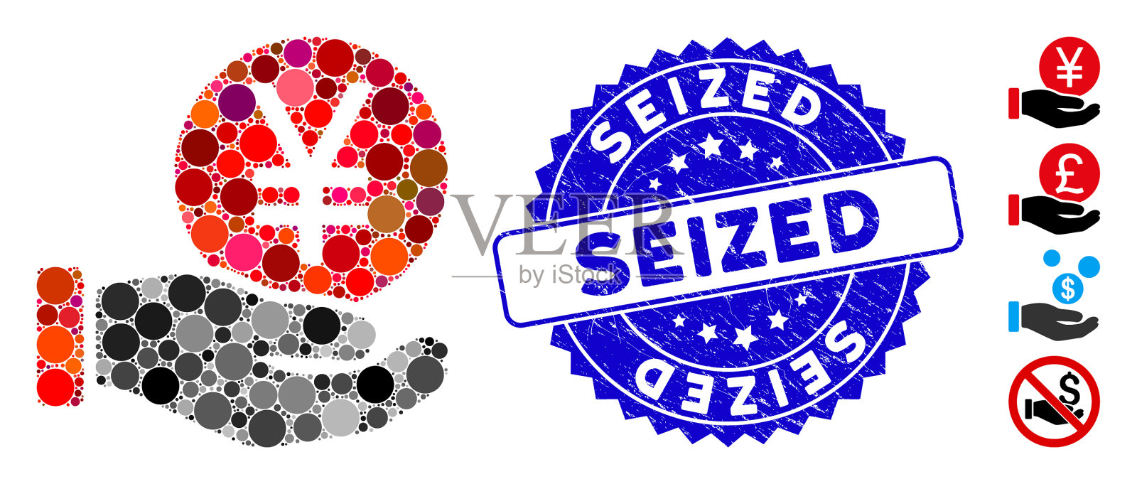 拼贴日元硬币支付手图标与苦恼插画图片素材