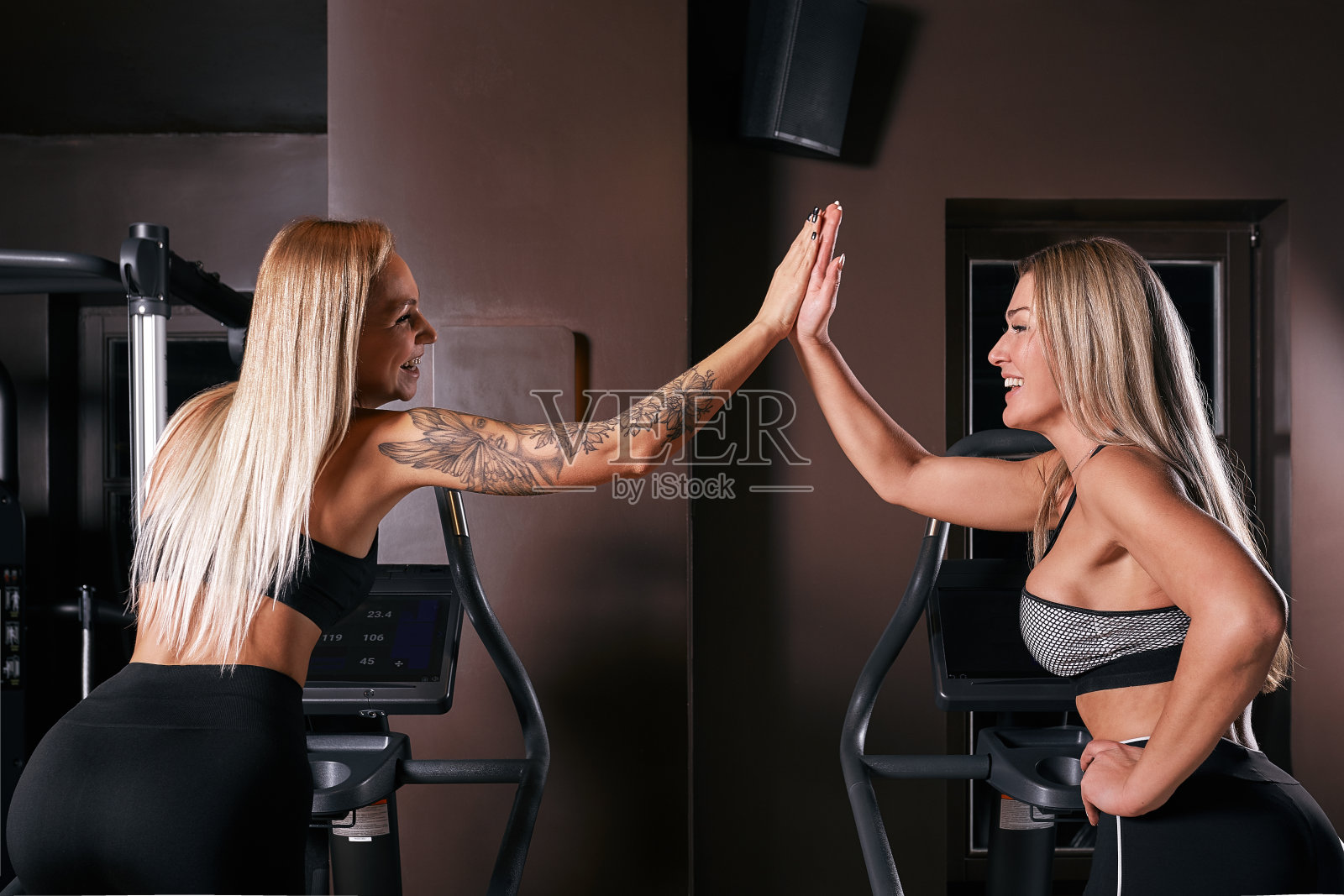两个迷人的运动女人在健身房里骑自行车训练照片摄影图片