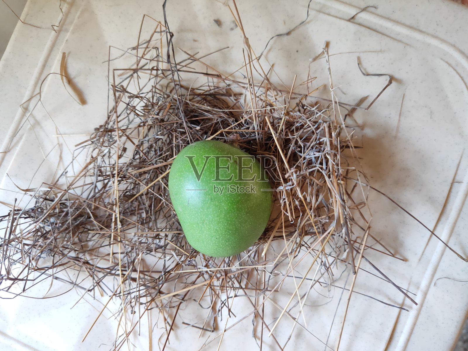 芒果在草的背景。绿色芒果近距离观看。绿色的水果芒果在棕色的草地上。照片摄影图片