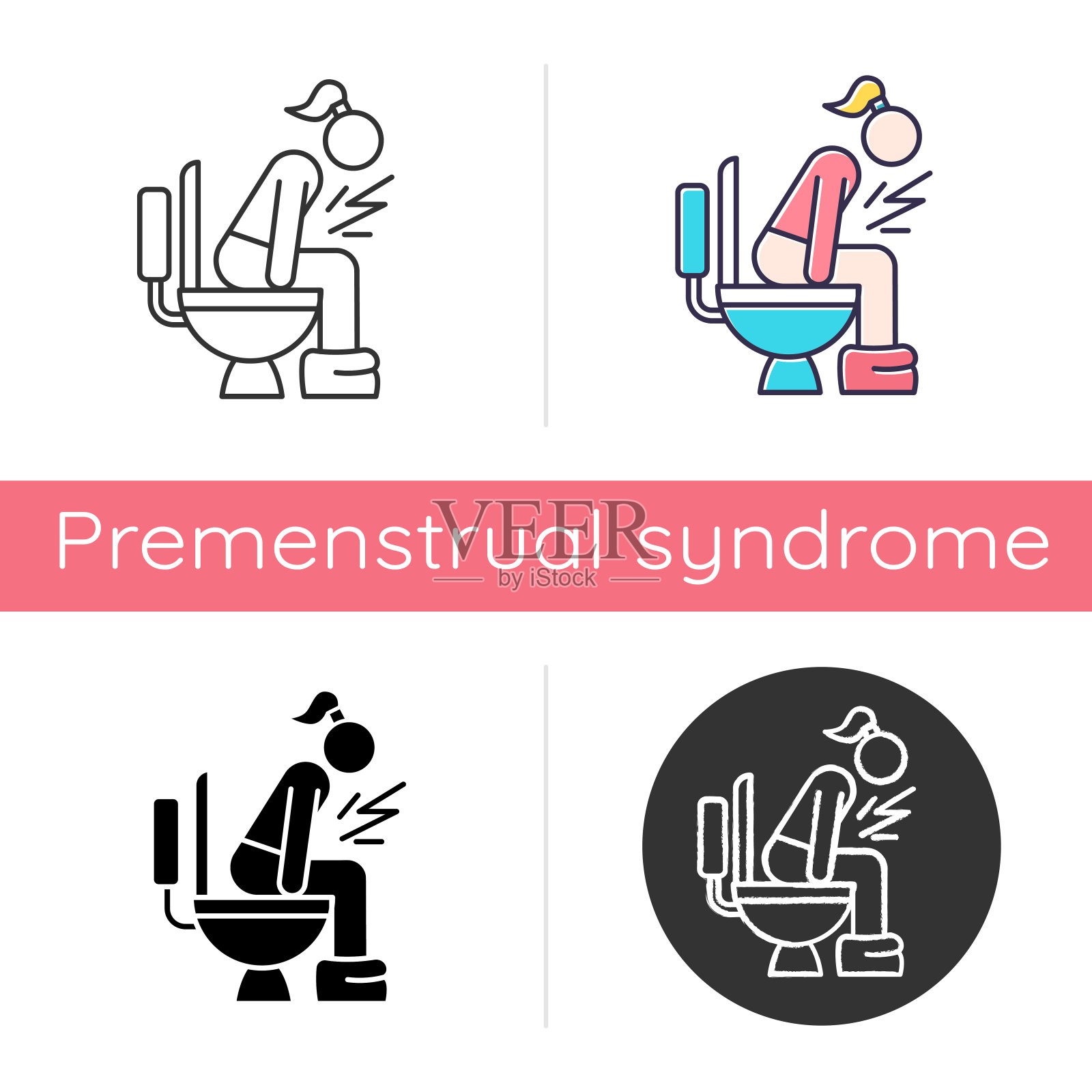 腹泻图标。消化道疾病。疾病和疾病。食物中毒。月经问题。期症状。女孩上厕所。平面设计,线性和色彩风格。孤立的矢量插图插画图片素材