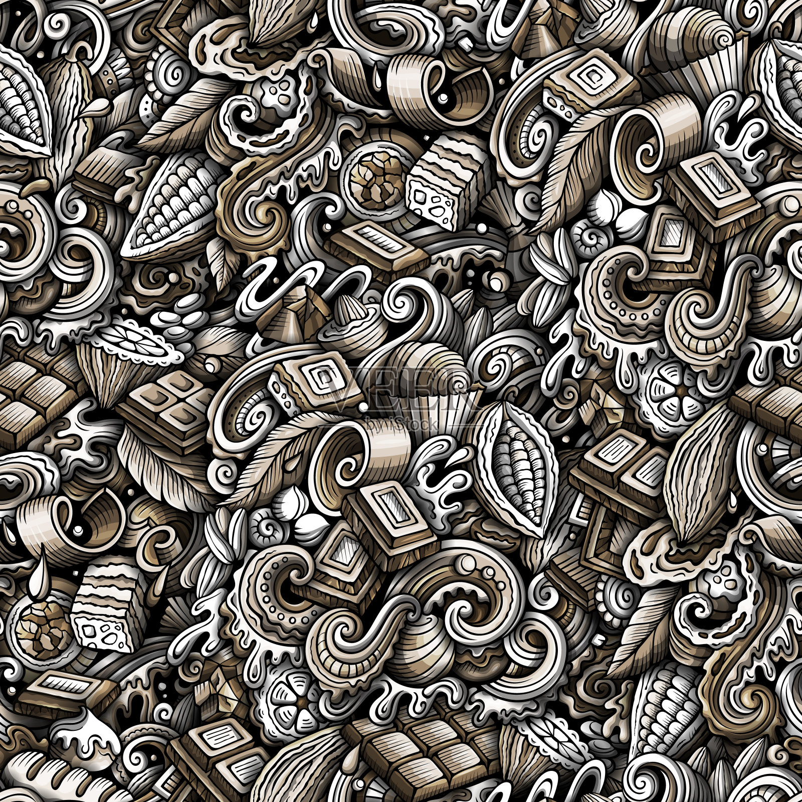 巧克力手绘涂鸦无缝图案。可可矢量插图。插画图片素材