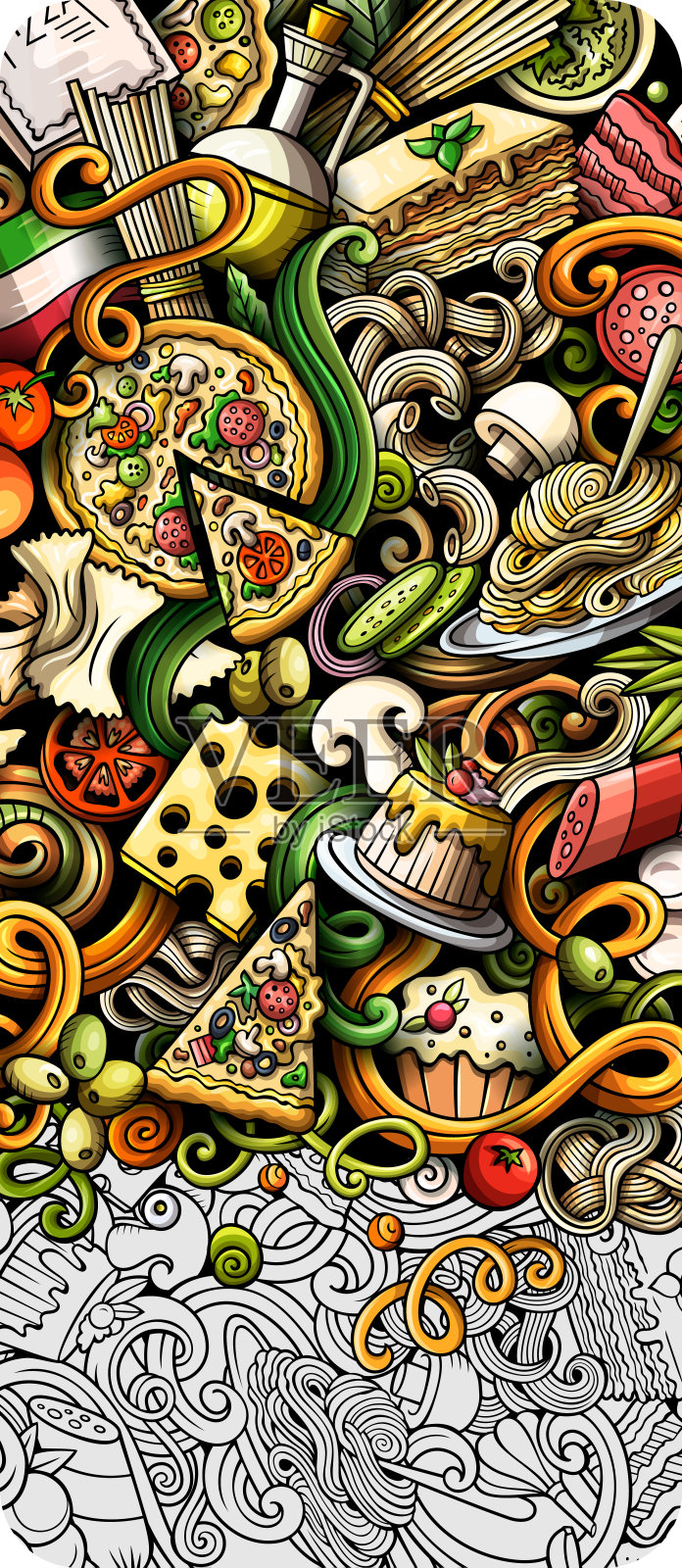 意大利美食手绘涂鸦横幅。卡通详细的传单。插画图片素材