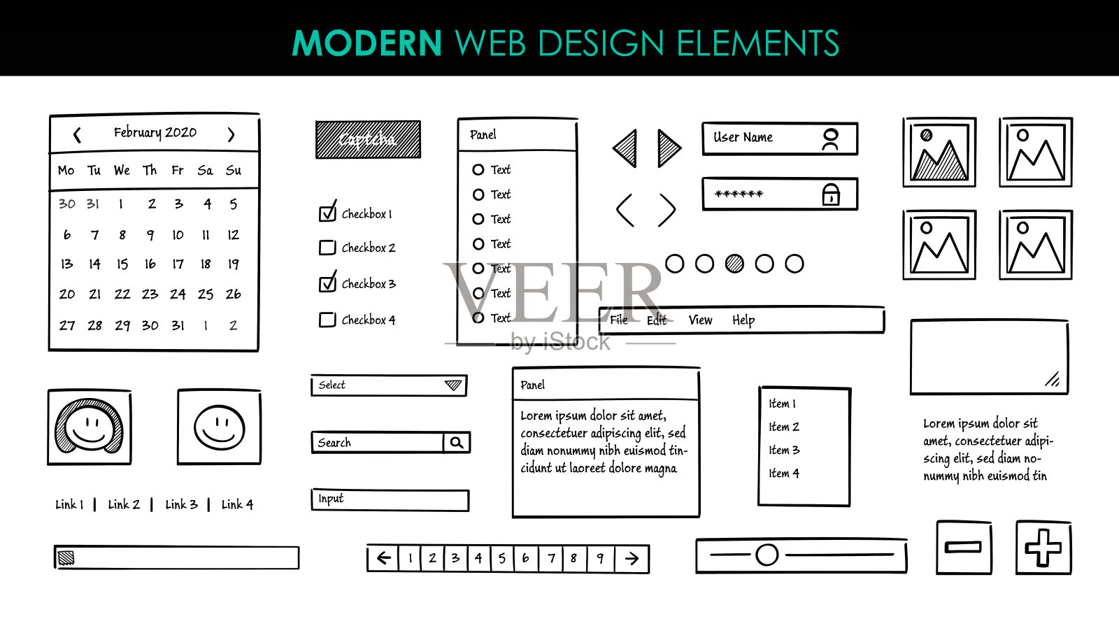 设置现代设计元素页面模板。网站UI UX设计手绘线框。网页元素与导航,按钮,图标,用于网站上使用。矢量插图。插画图片素材