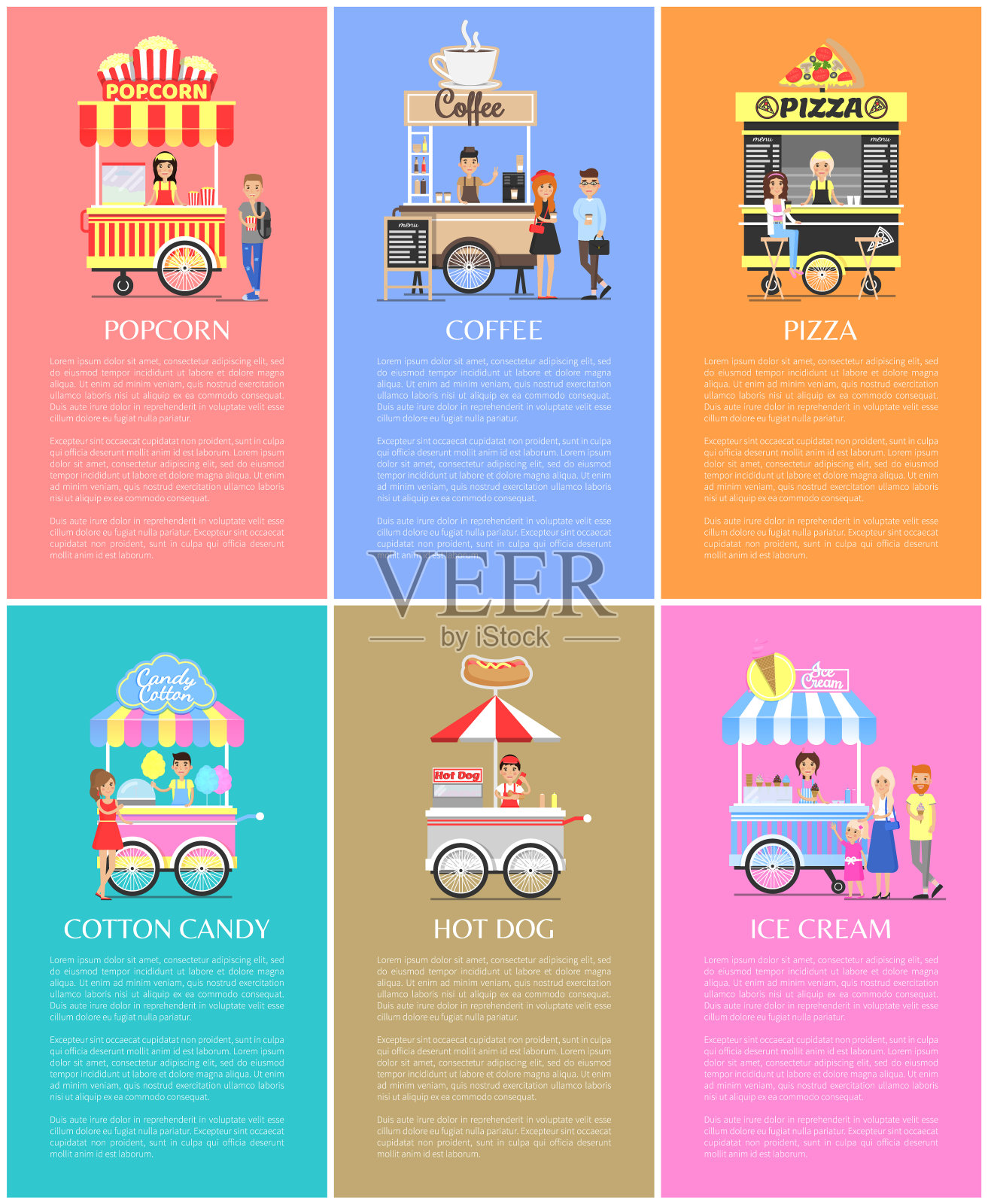 爆米花,咖啡,披萨,糖果,棉花和冰淇淋插画图片素材