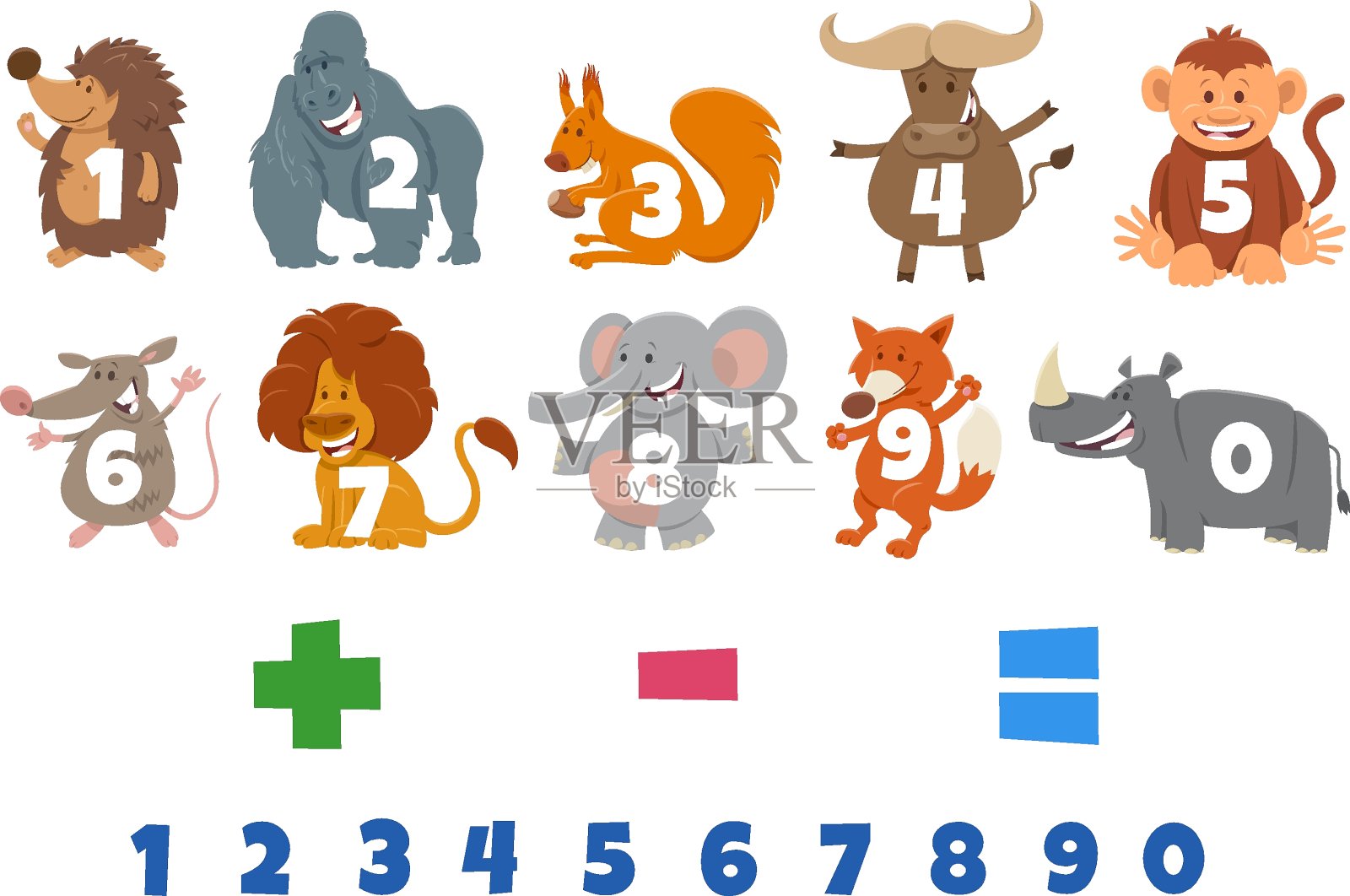 数字设置与卡通野生动物的角色插画图片素材