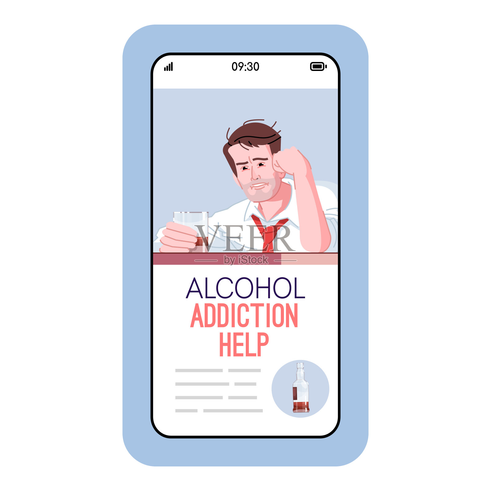 卡通智能手机矢量应用程序屏幕上的酒精成瘾帮助。带有扁平人物设计模型的手机显示屏。为瘾君子提供帮助。克服酒精中毒的应用程序电话界面插画图片素材