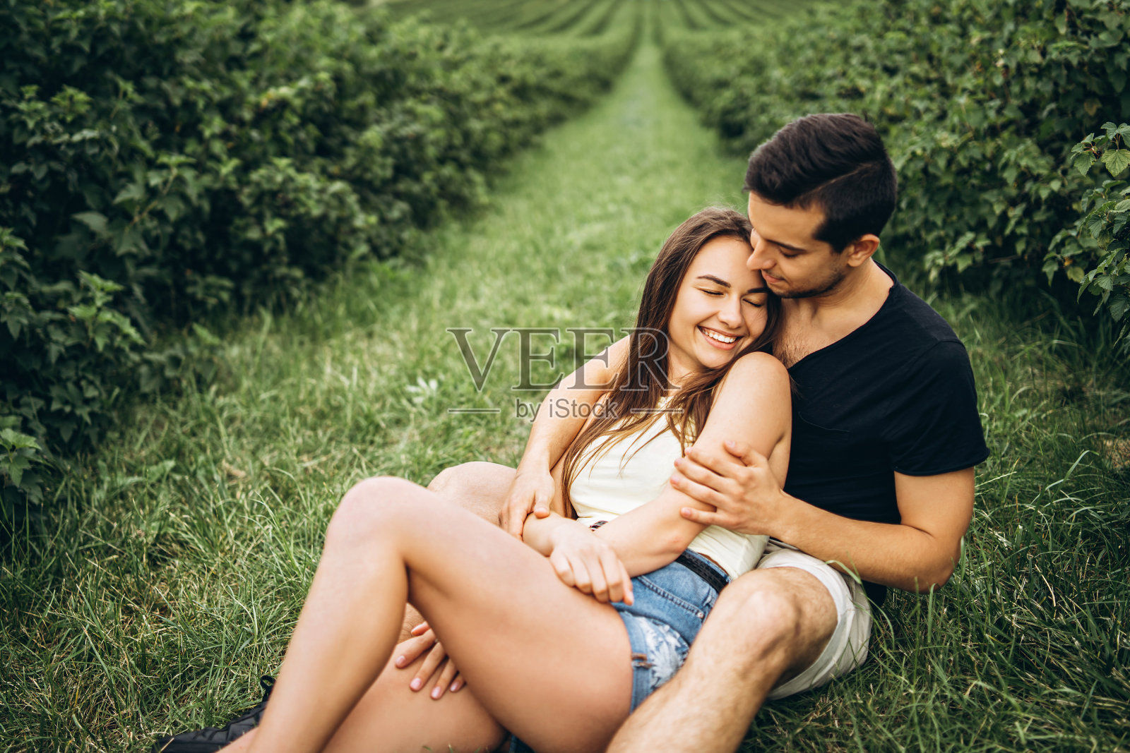 长头发的女人和坐在醋栗丛之间的男人拥抱亲吻。绿醋栗种植园的背景照片摄影图片