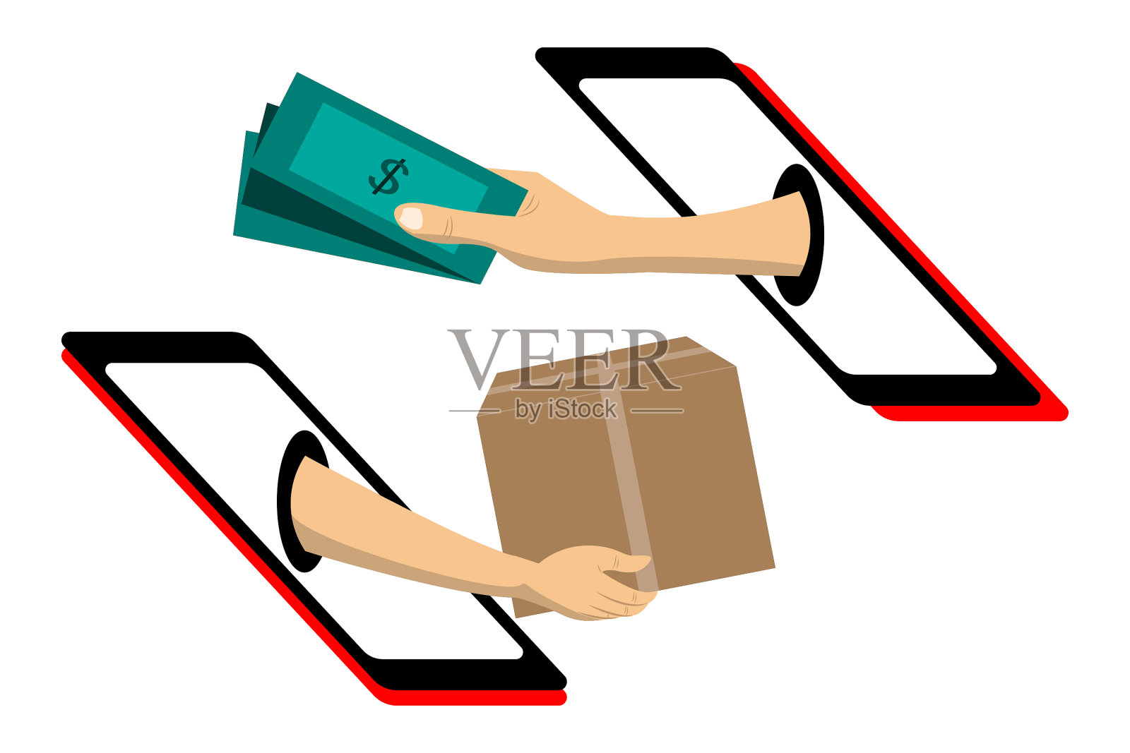 男子手持美元支付网上购物的包裹订单。快递用现金支付。插画图片素材