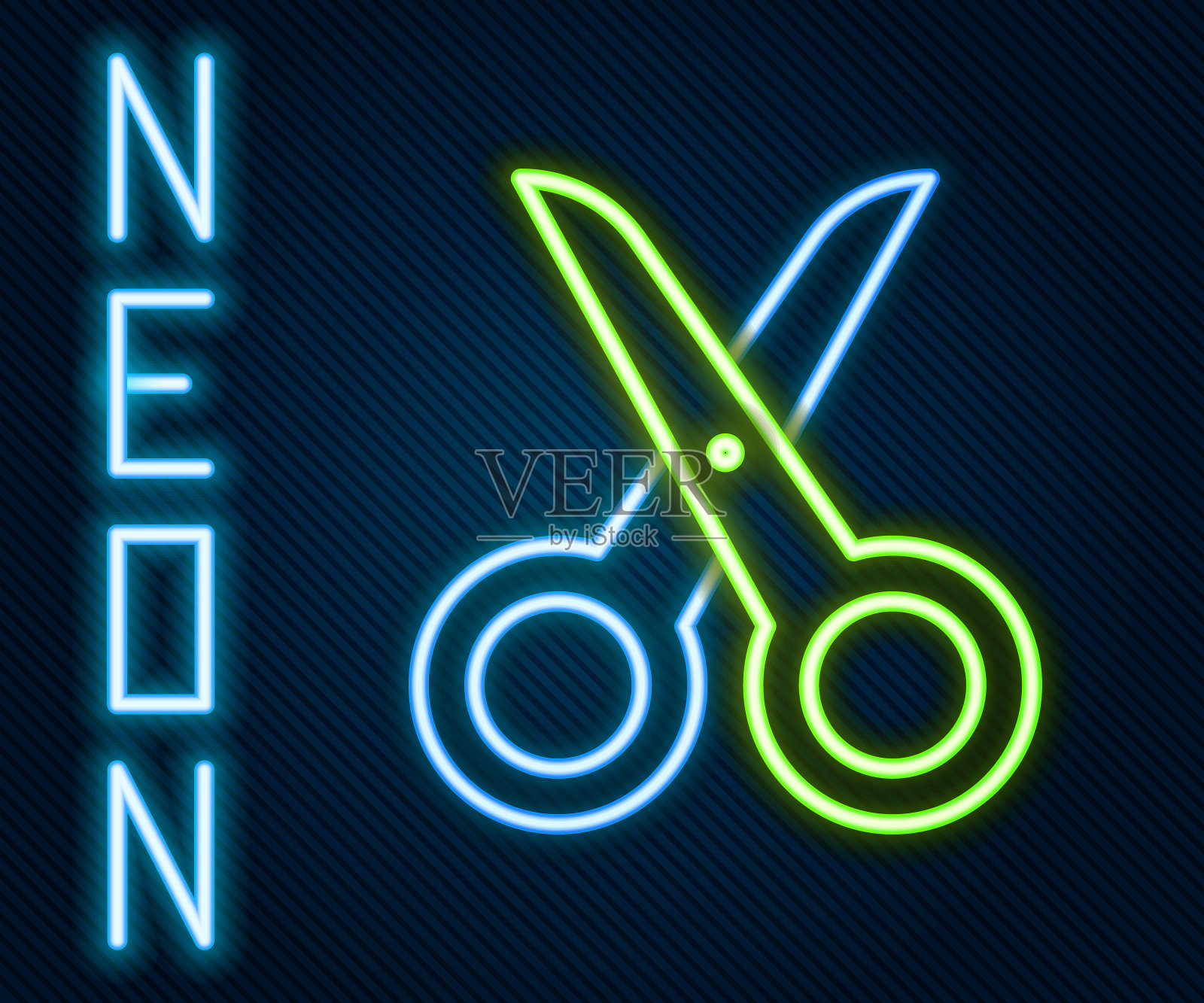 发光的霓虹线剪刀图标孤立在黑色背景。刀具的迹象。色彩斑斓的轮廓的概念。矢量图插画图片素材