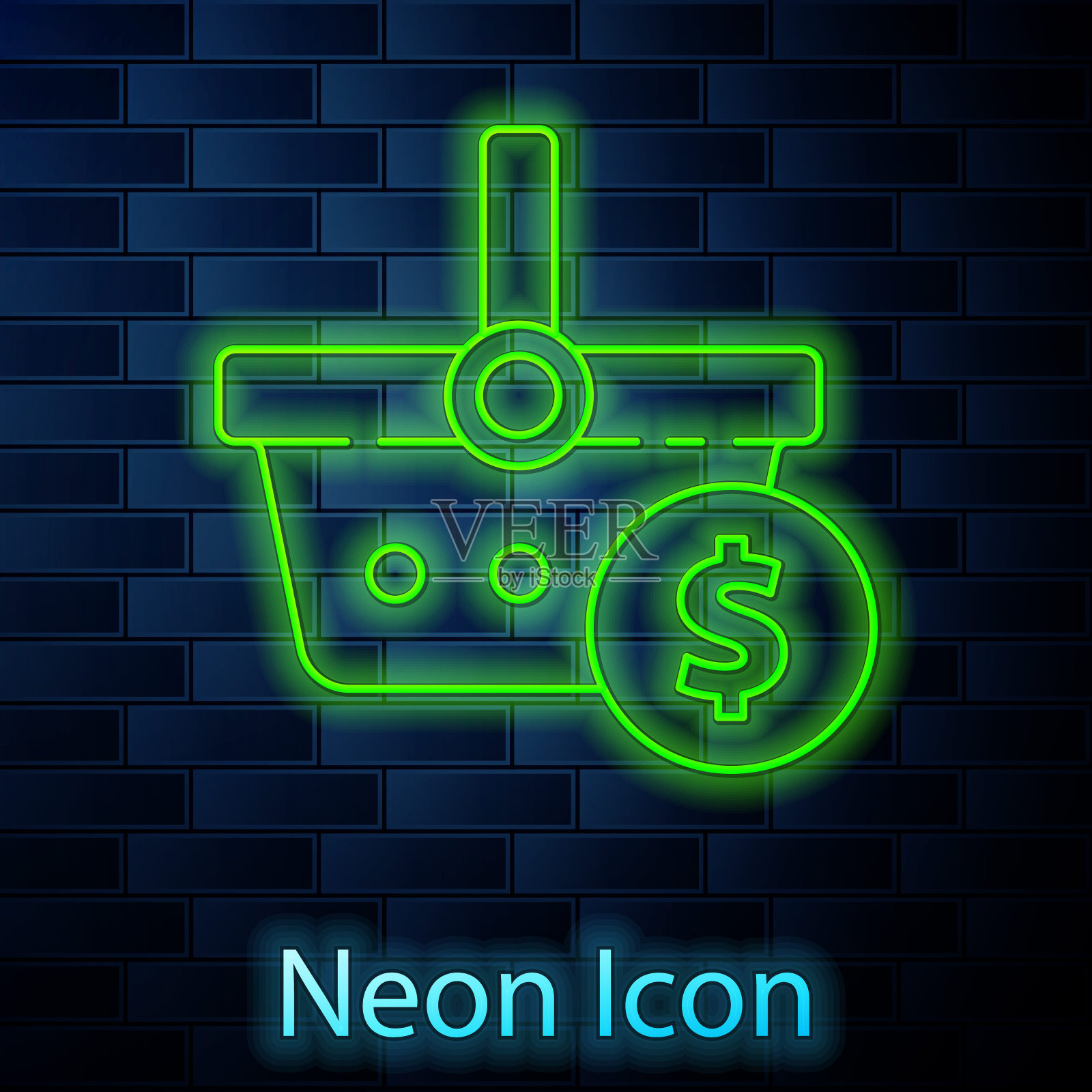 发光的霓虹灯线购物篮和美元符号图标孤立在砖墙的背景。网上购物的概念。送货服务。购物车。矢量图插画图片素材