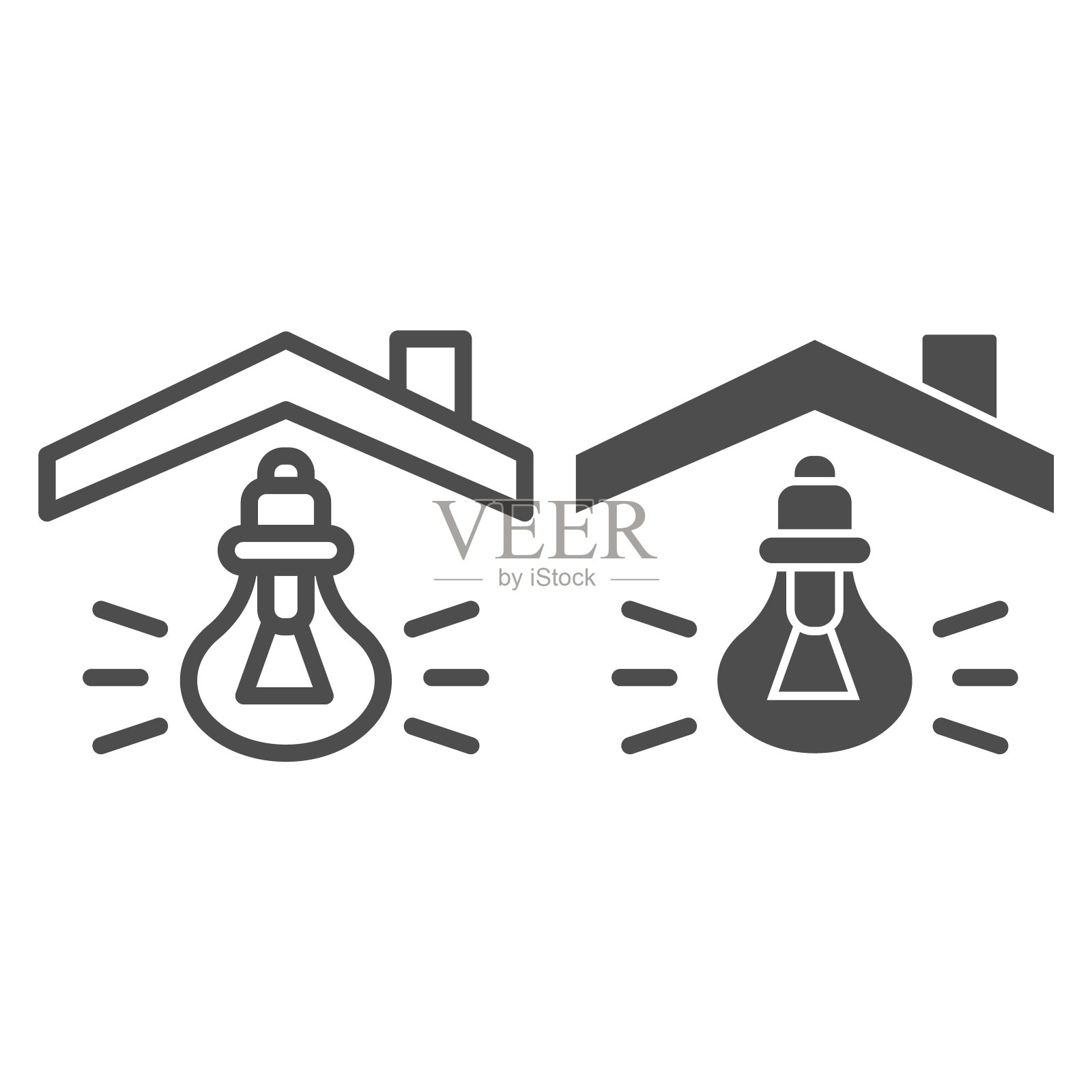 屋顶下的灯泡线和固体图标。房子灯在符号上,灯在白色背景上轮廓风格象形。手机用电标识概念,网页设计。矢量图形。图标素材