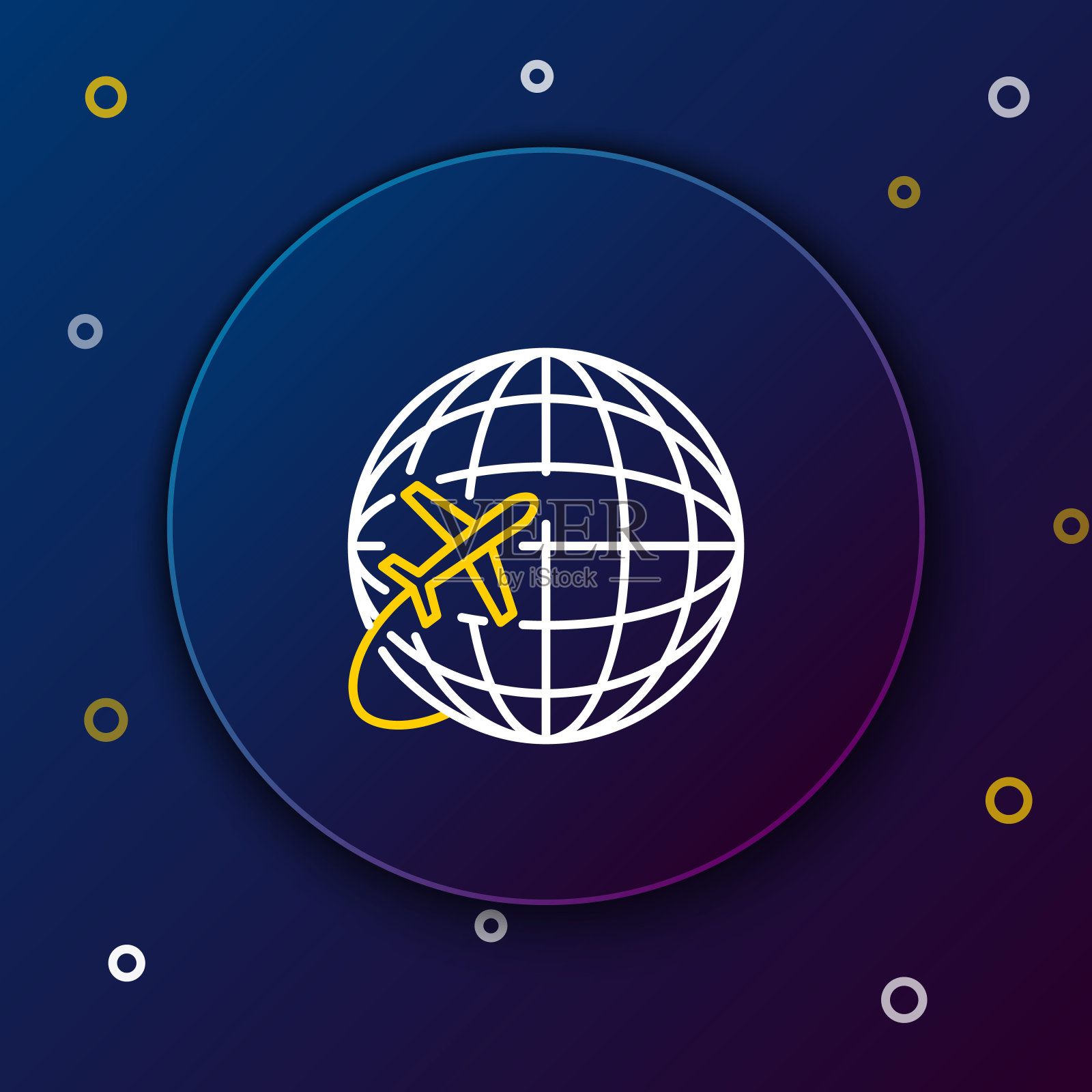 白色和黄色线与飞行飞机图标隔离在深蓝色的背景。飞机绕着地球飞行。飞机世界图标。色彩斑斓的轮廓的概念。矢量图插画图片素材